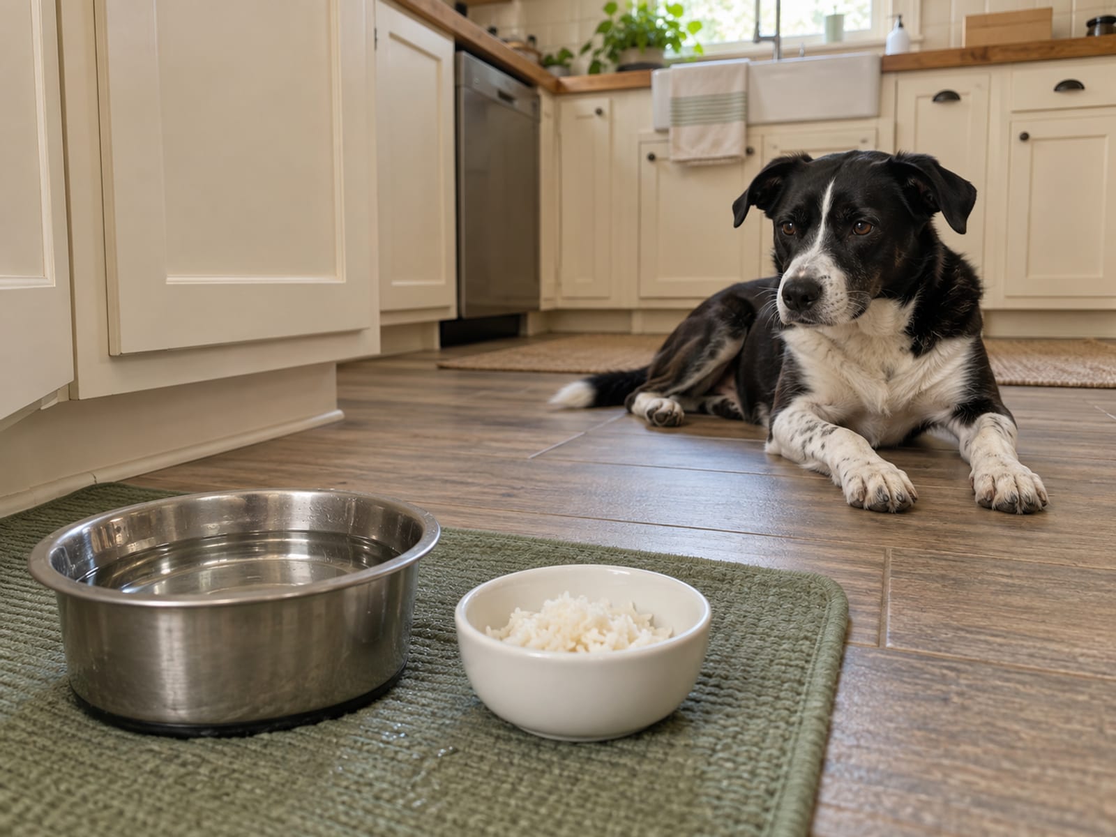 Full stainless water bowl and a small plain bowl of cooked white rice on a kitchen floor mat, a medium dog lying a short distance away