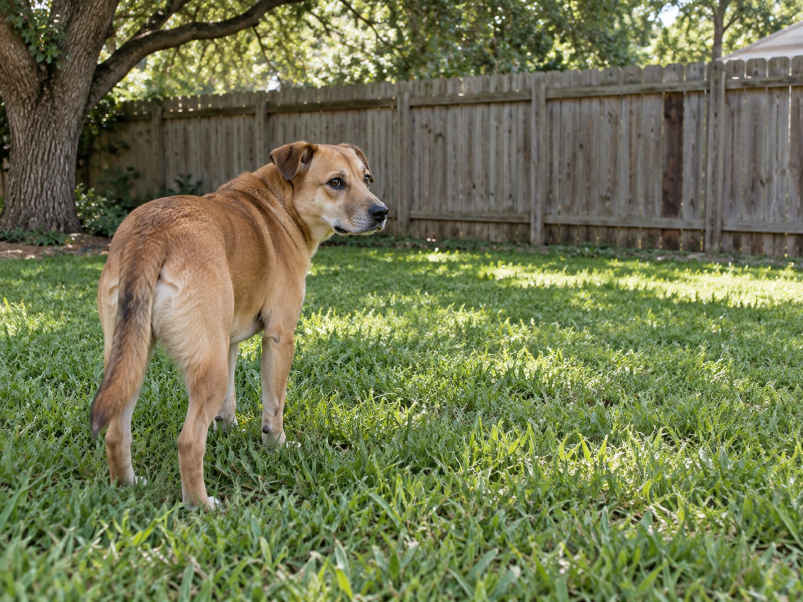 Medium tan dog standing on a green backyard lawn beside a wooden privacy fence, looking back over its shoulder toward the house