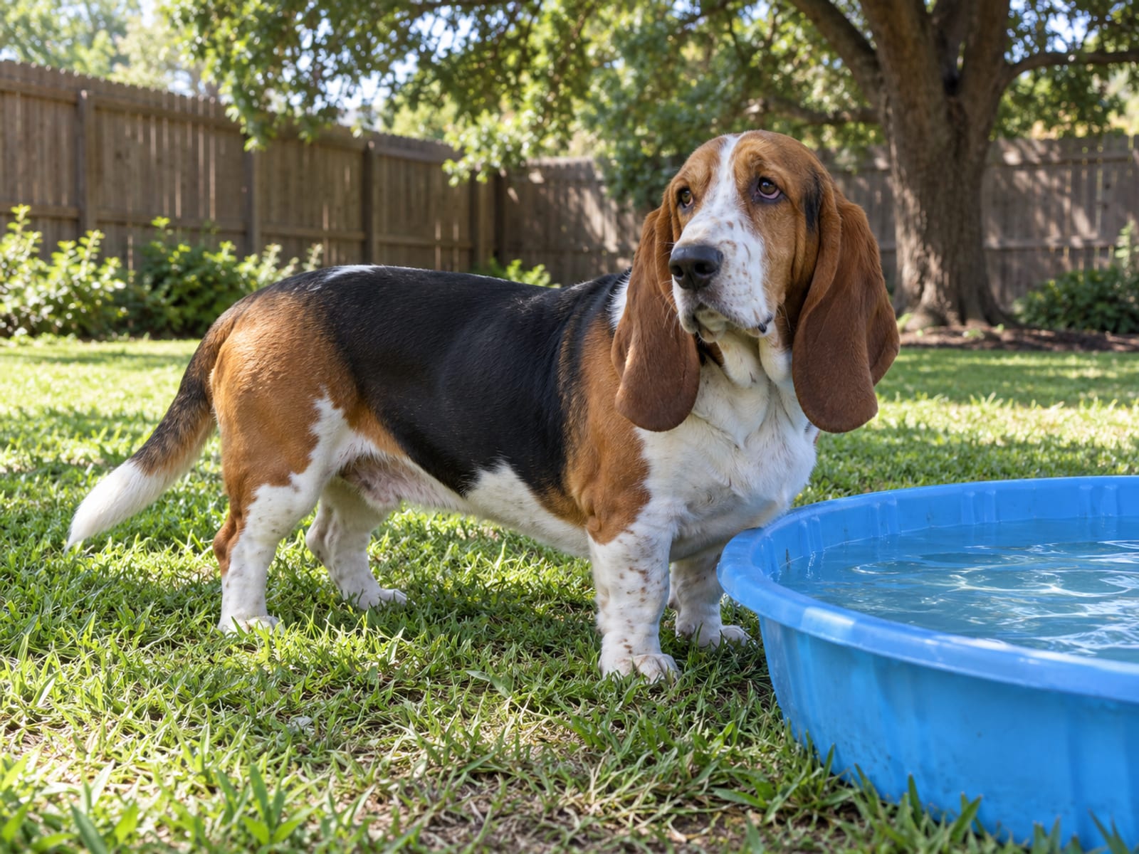 A basset hound standing on a backyard lawn beside a shallow kiddie pool with its long ears hanging.