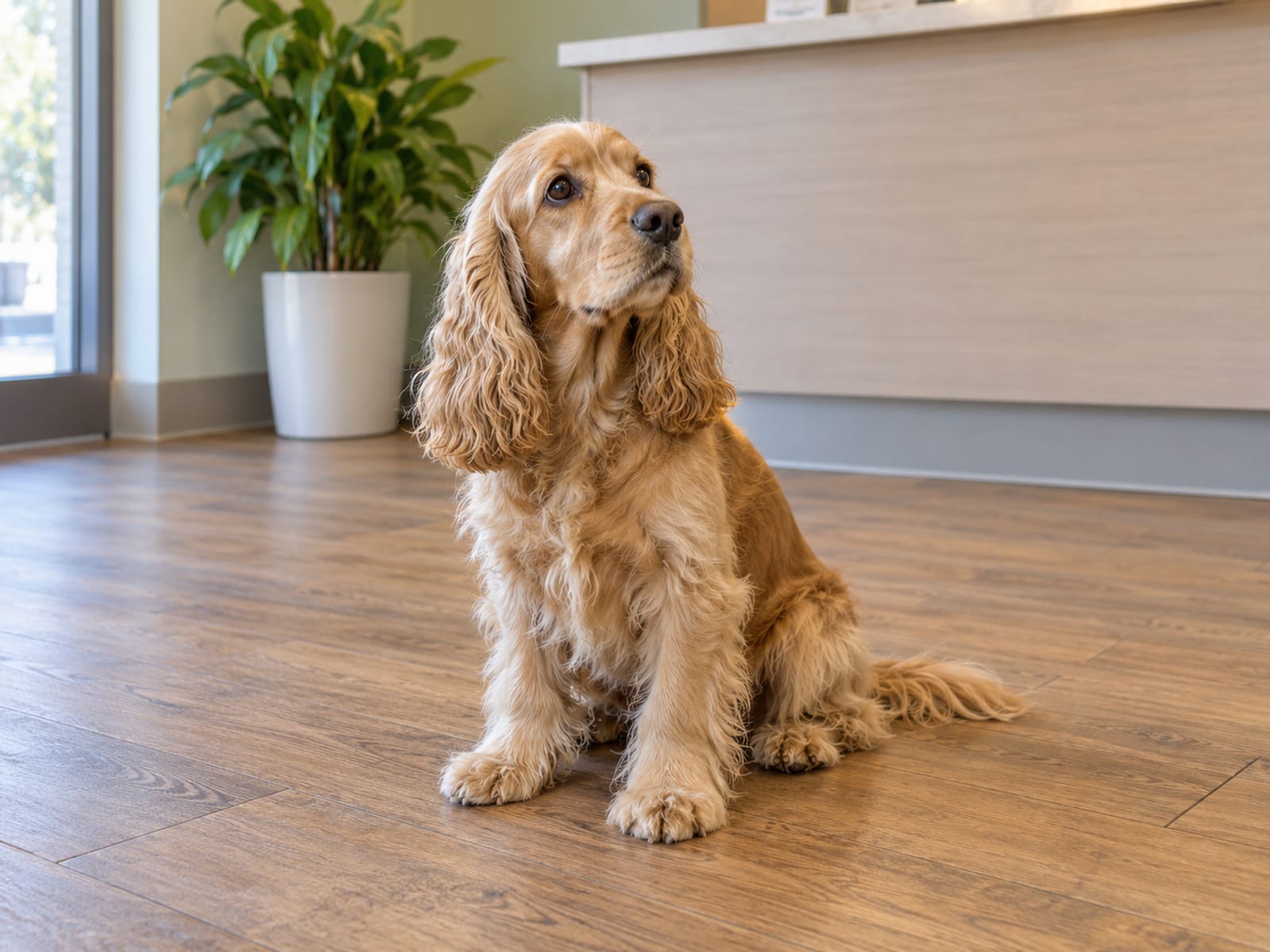 A cocker spaniel sitting on a wood floor in a small veterinary clinic waiting area with a plain reception counter and a potted plant behind it.