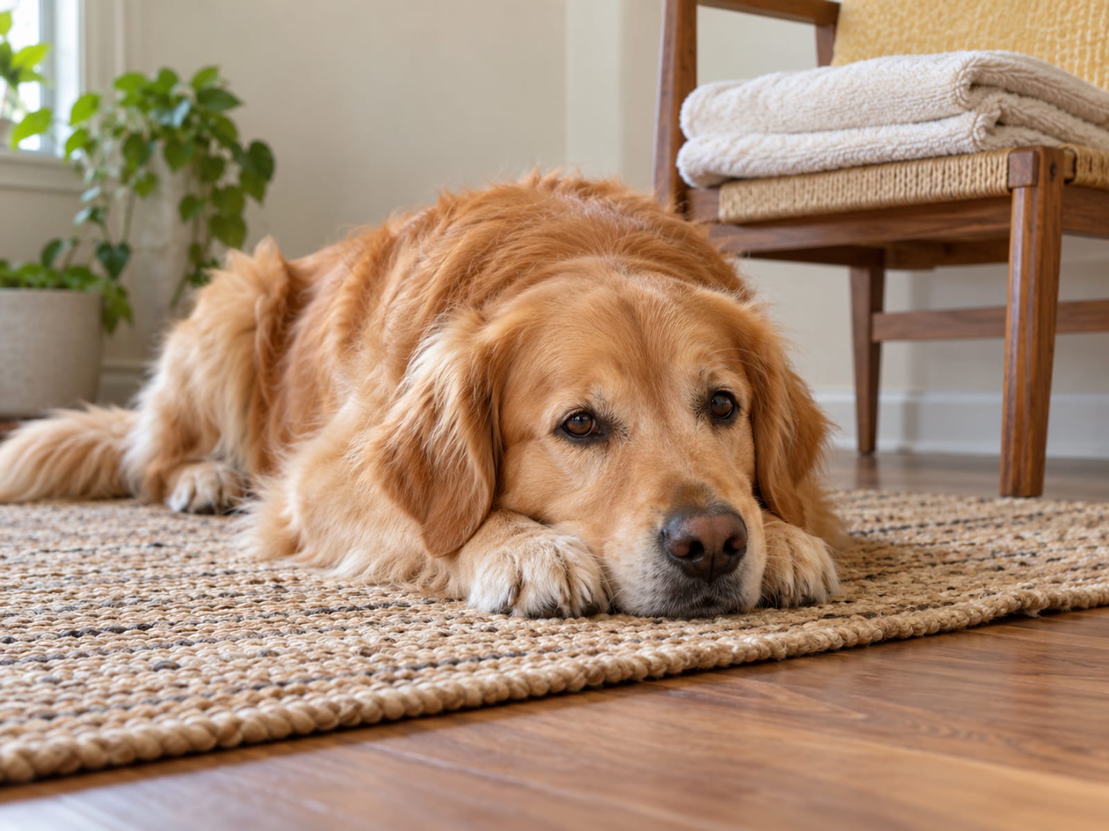 A golden retriever lying on a living room rug with its head on its paws and floppy ears relaxed, a dry towel folded on a chair nearby.