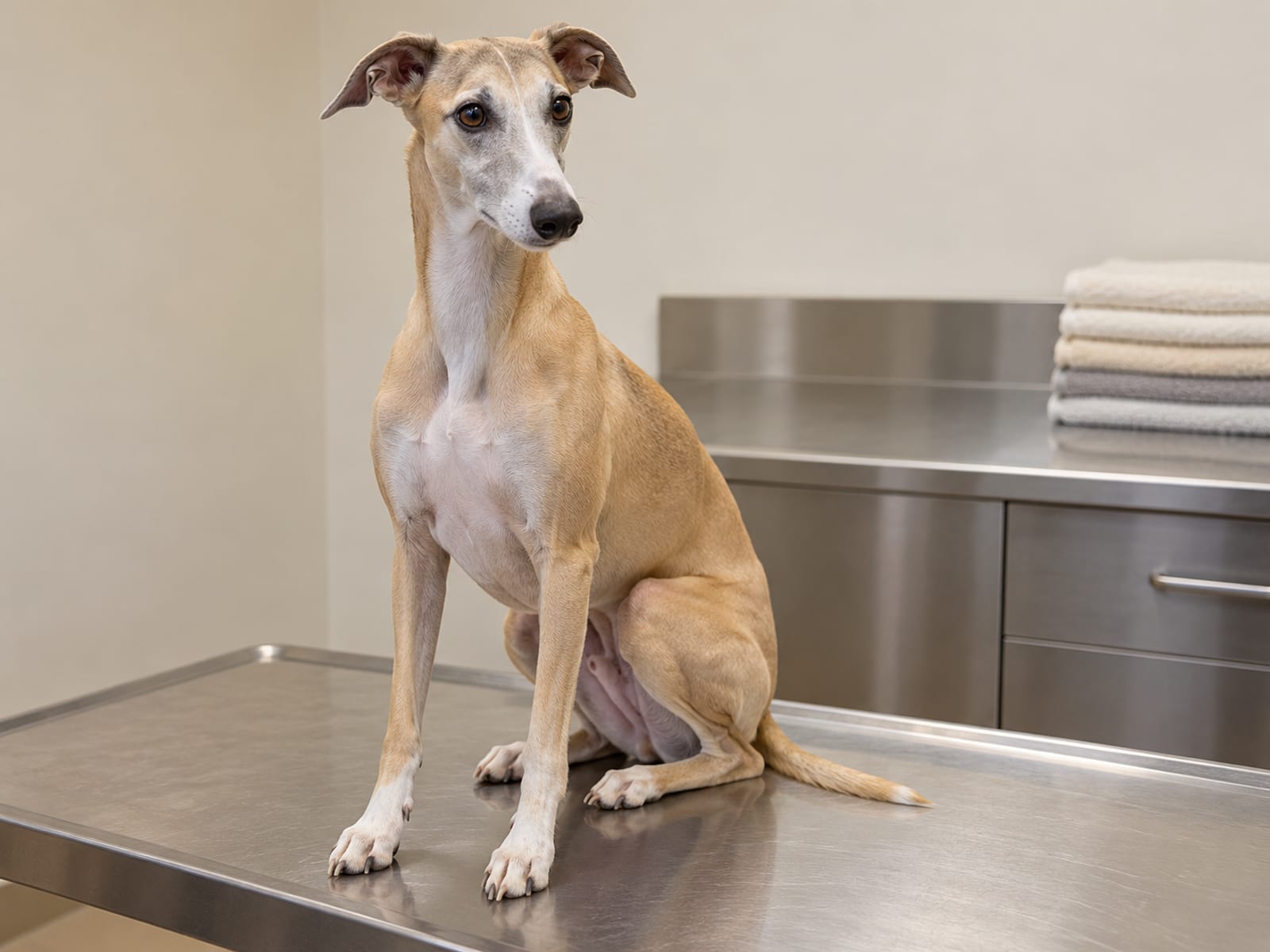 A whippet sitting on a clean exam table in a quiet veterinary exam room with a plain steel counter and a stack of folded towels behind it.