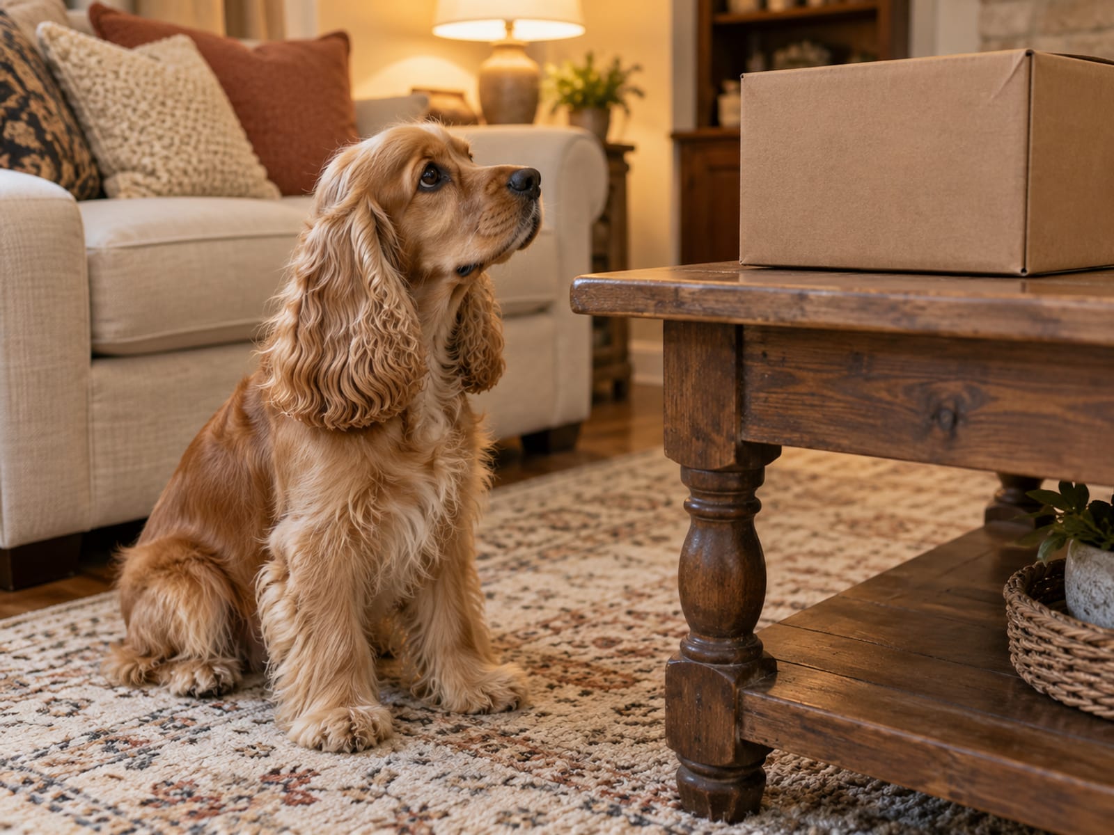 Cocker spaniel sitting on a living room rug looking at a closed plain cardboard box on the coffee table