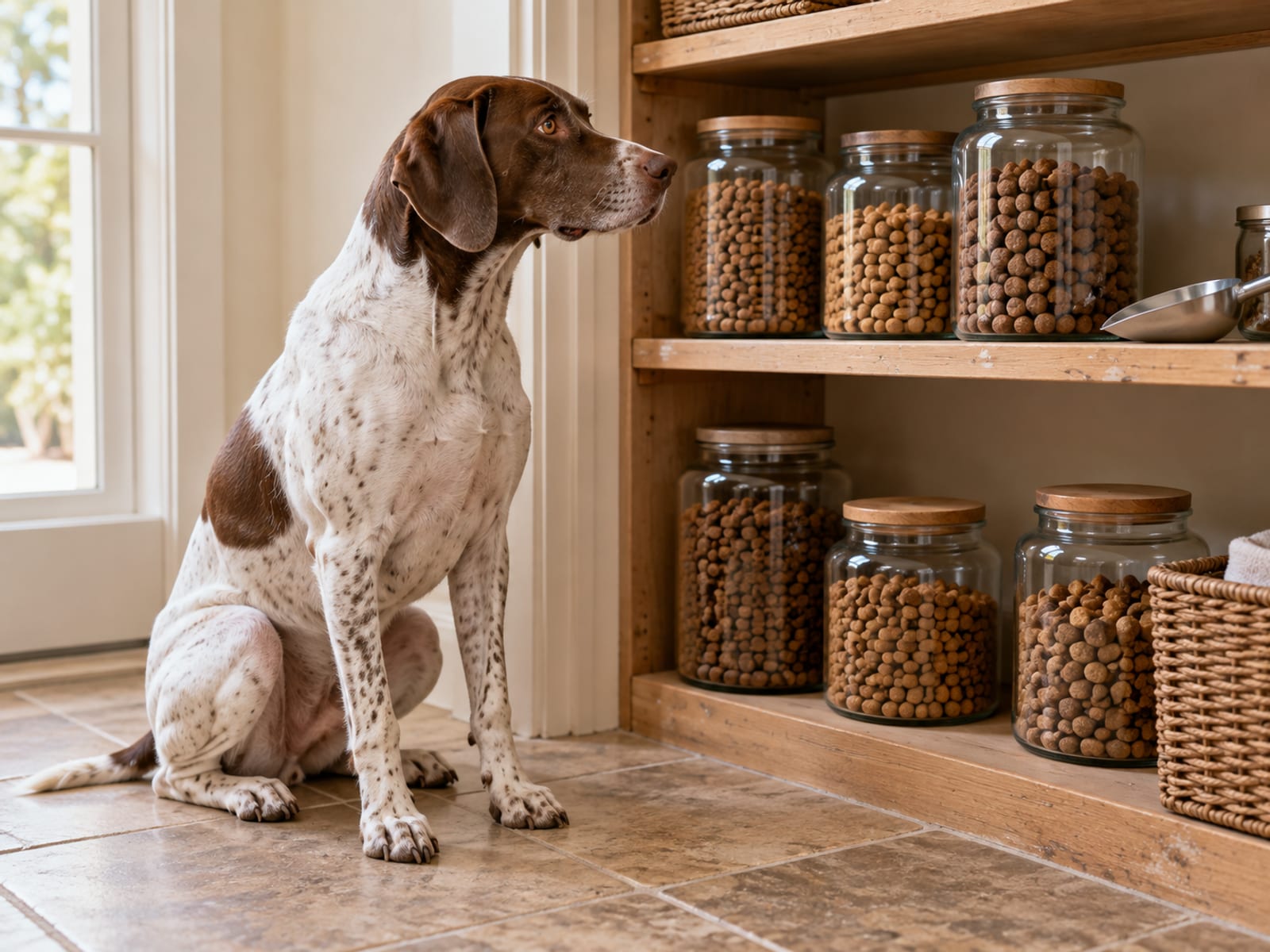 Pointer mix sitting on tile floor in front of a pantry shelf with plain glass jars of kibble and a steel scoop