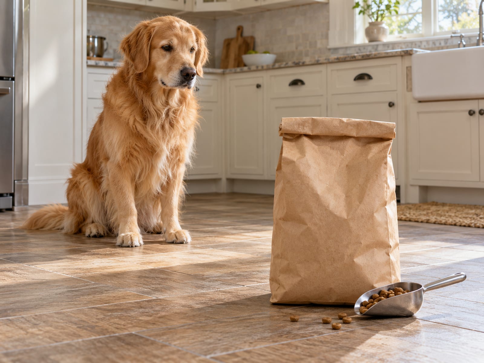 Golden retriever sitting a few feet back from an open plain kraft paper bag and a steel scoop on a kitchen floor