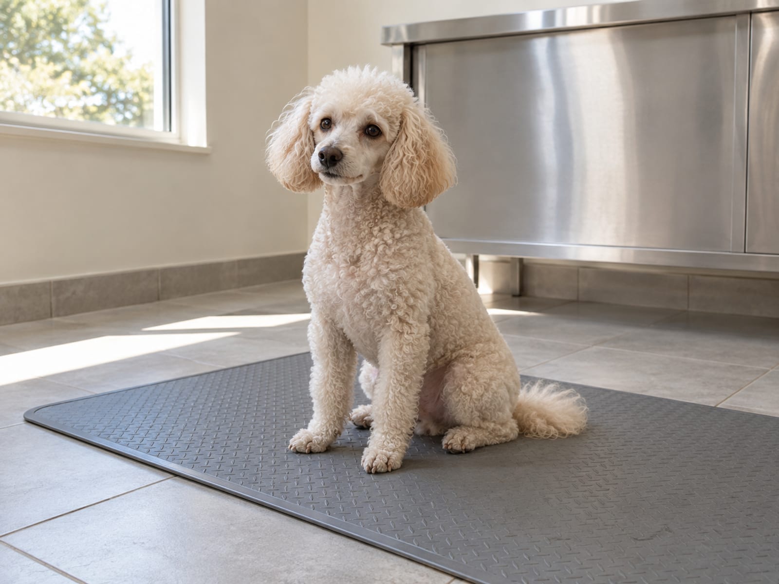 Miniature poodle sitting calmly on a rubber mat in a tidy veterinary exam room with a sunlit window