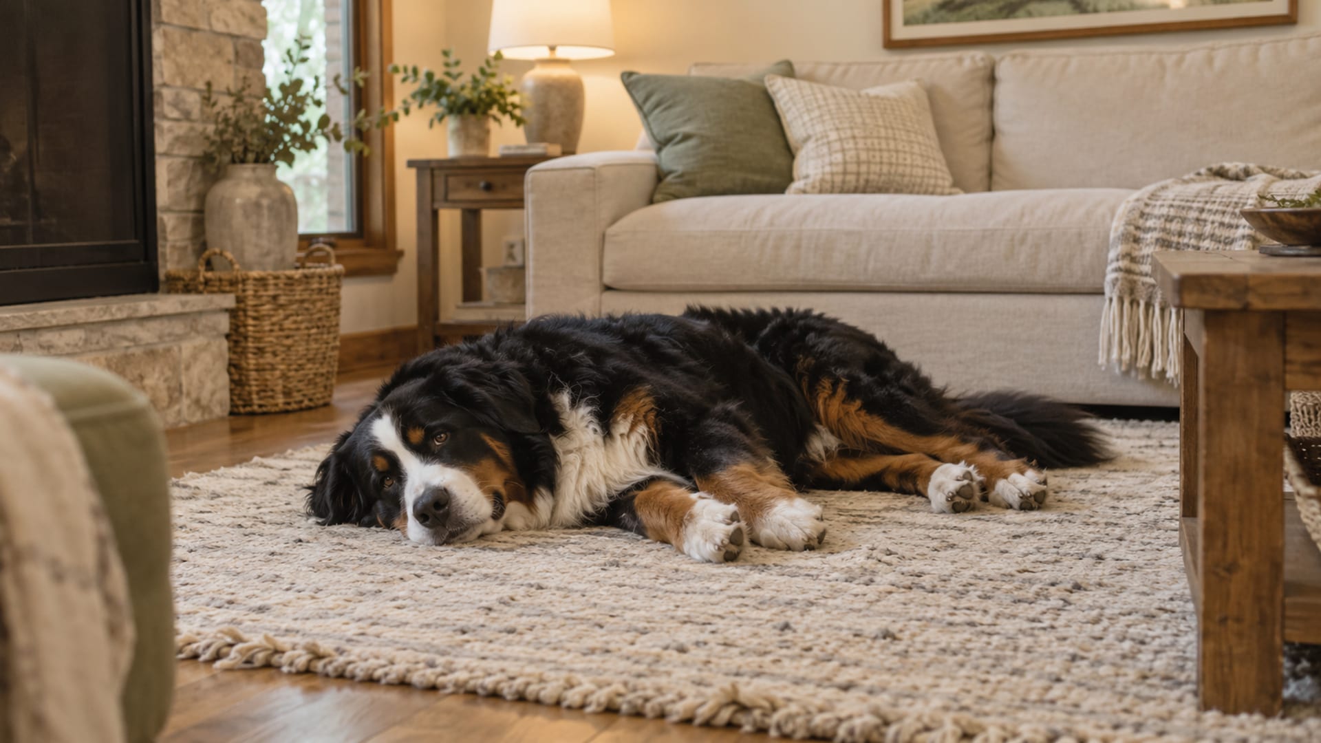 Bernese mountain dog lying on its side on a soft rug in a quiet living room