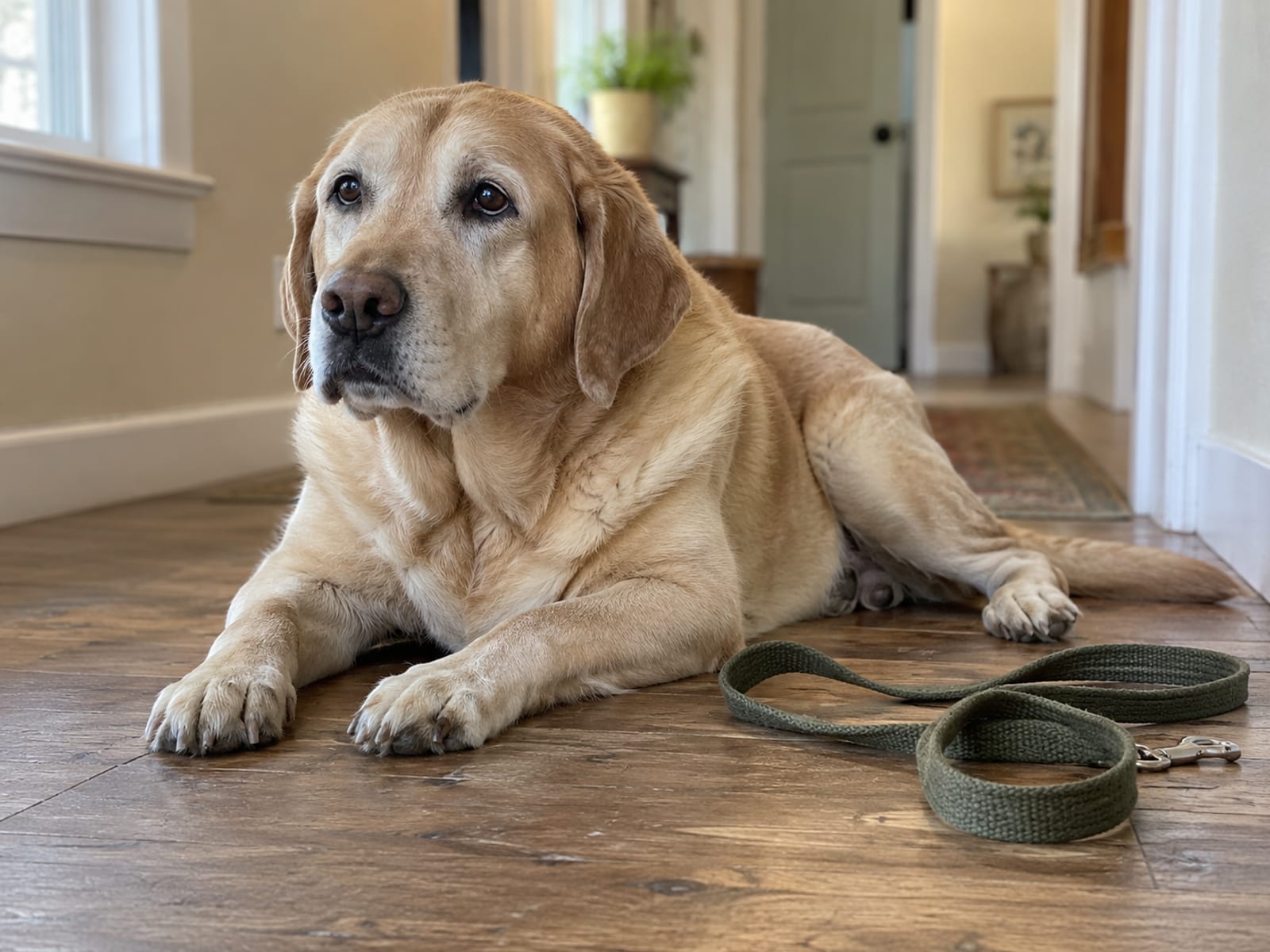 Gray-muzzled Labrador retriever lying on a wood-look hallway floor beside a leash on the floor