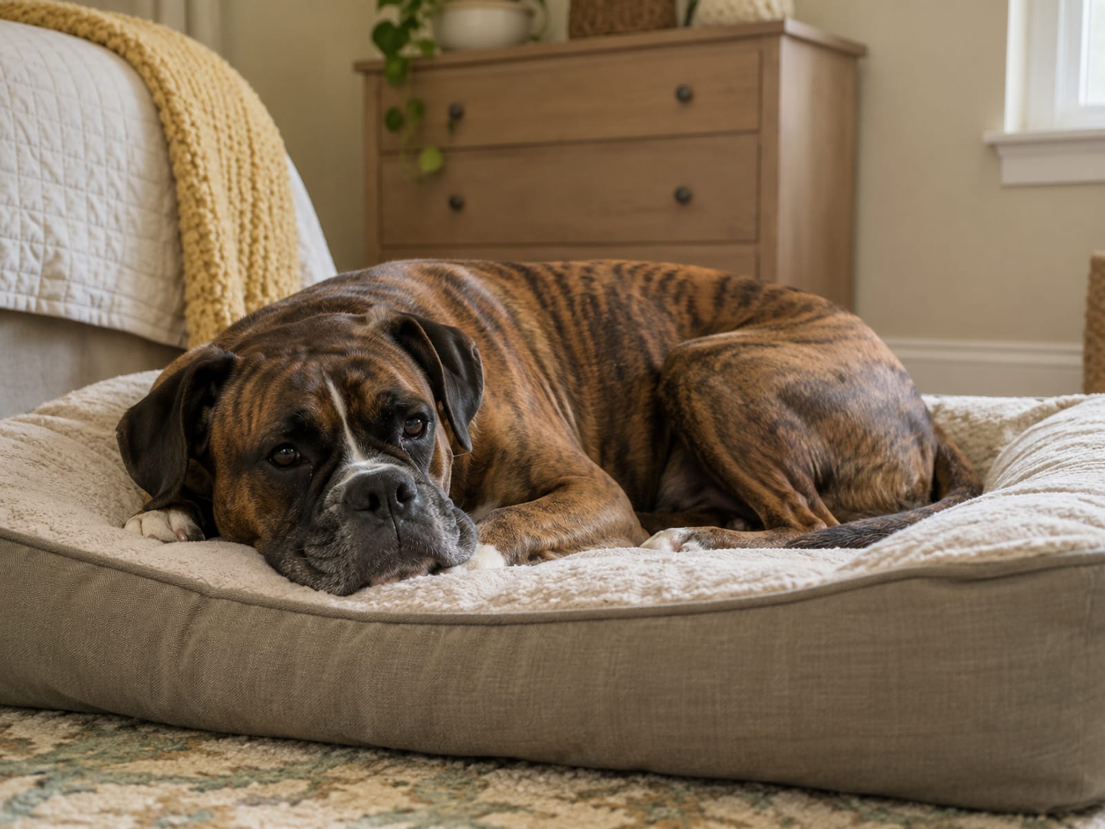 Brindle Boxer resting on a dog bed in a tidy bedroom corner