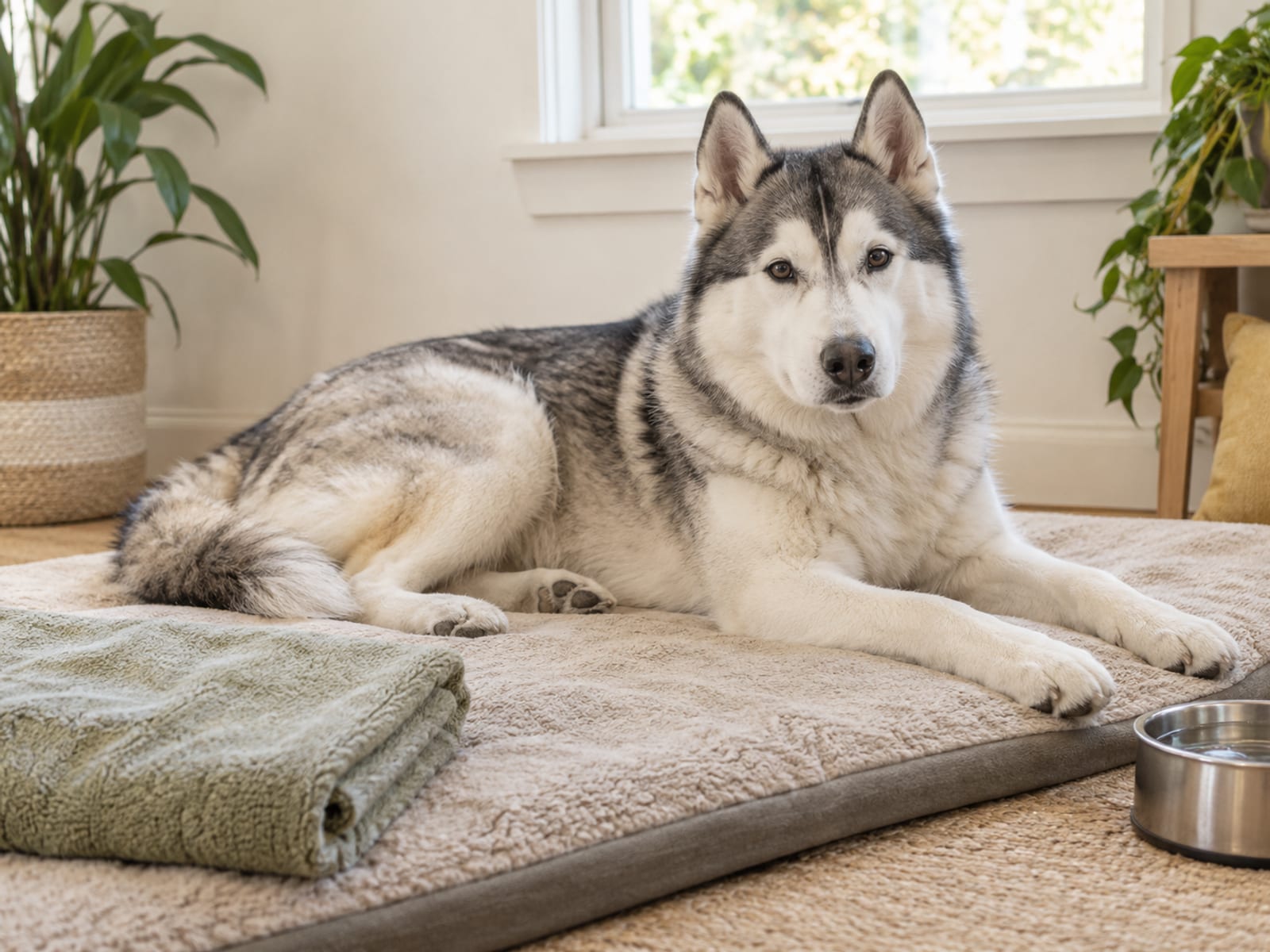 Siberian husky resting on a thick mat in a bright quiet room beside a folded towel and water bowl