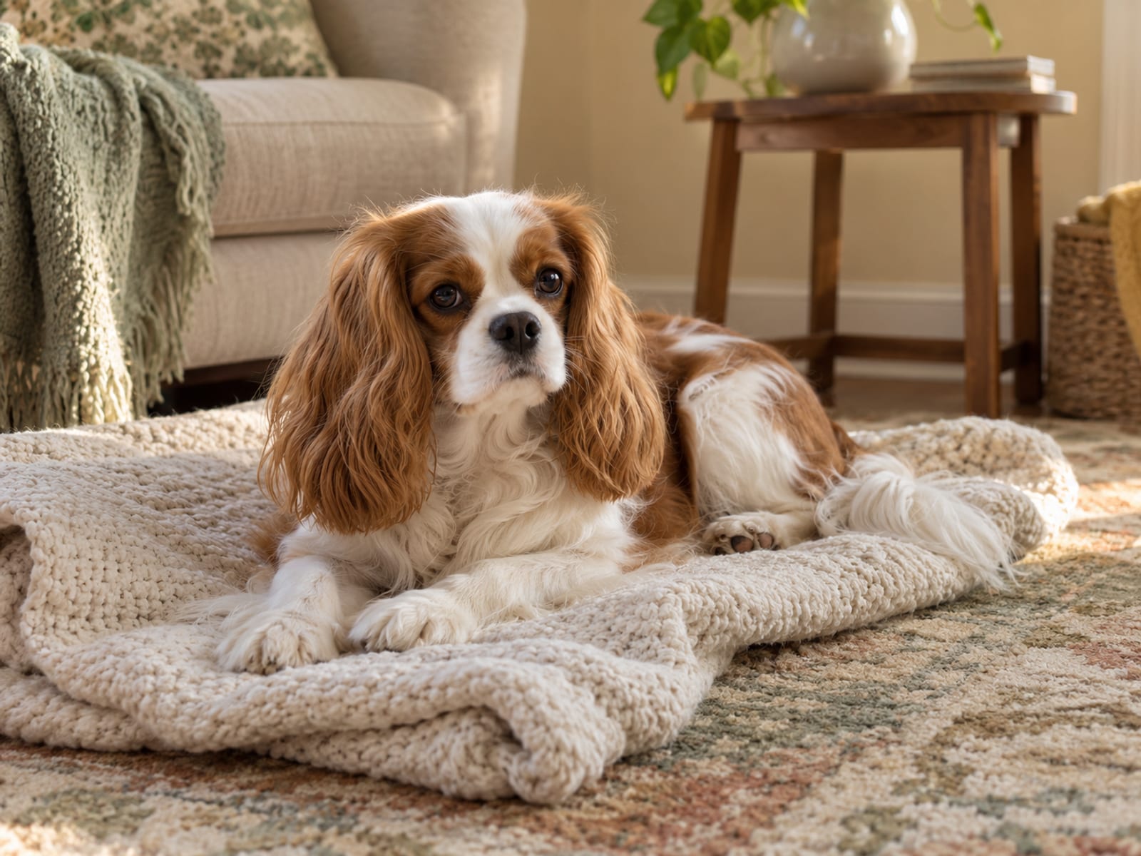 Cavalier King Charles spaniel lying on a folded blanket on a living room floor beside a small side table