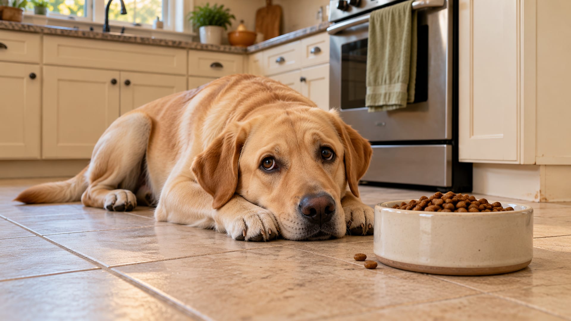 Young yellow Labrador retriever lying on a kitchen floor next to a full bowl of kibble, looking up