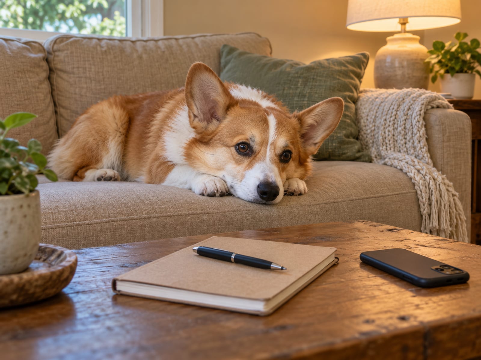Red and white Pembroke Welsh corgi lying on a sofa next to a coffee table holding a closed notebook, a pen and a face-down phone