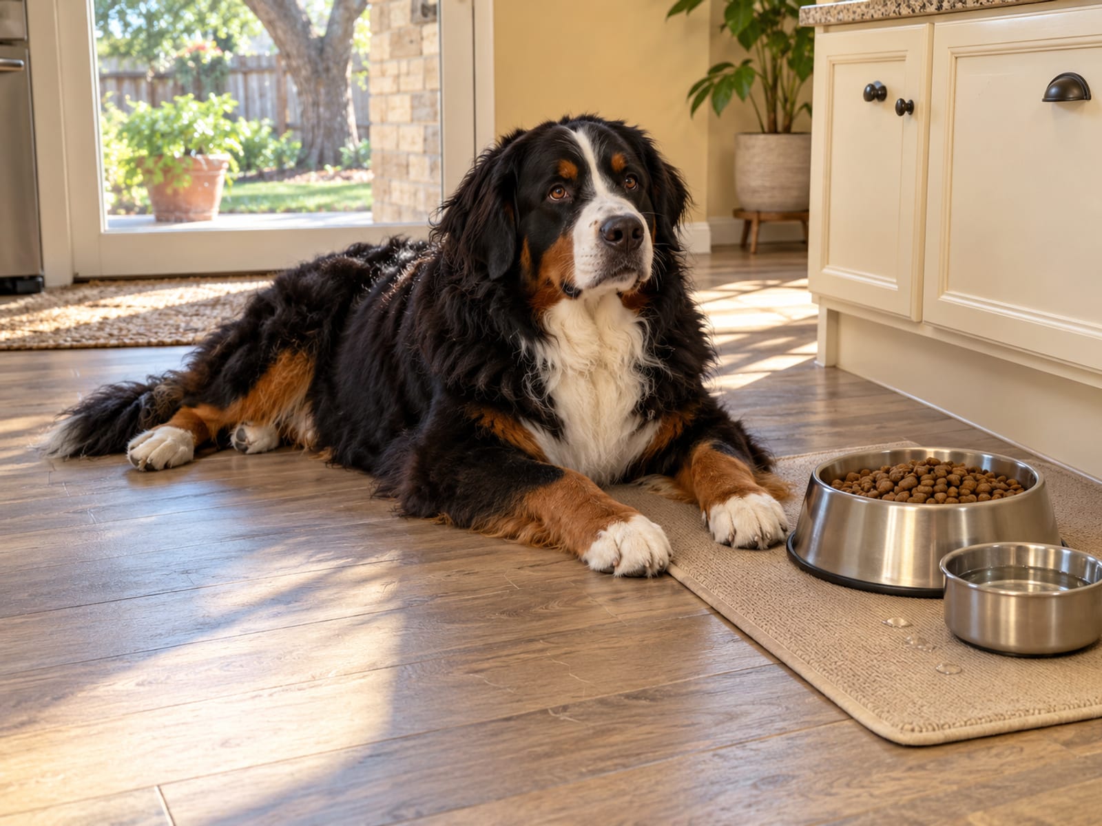 Bernese mountain dog lying on a kitchen floor next to a full stainless steel food bowl and a small water bowl