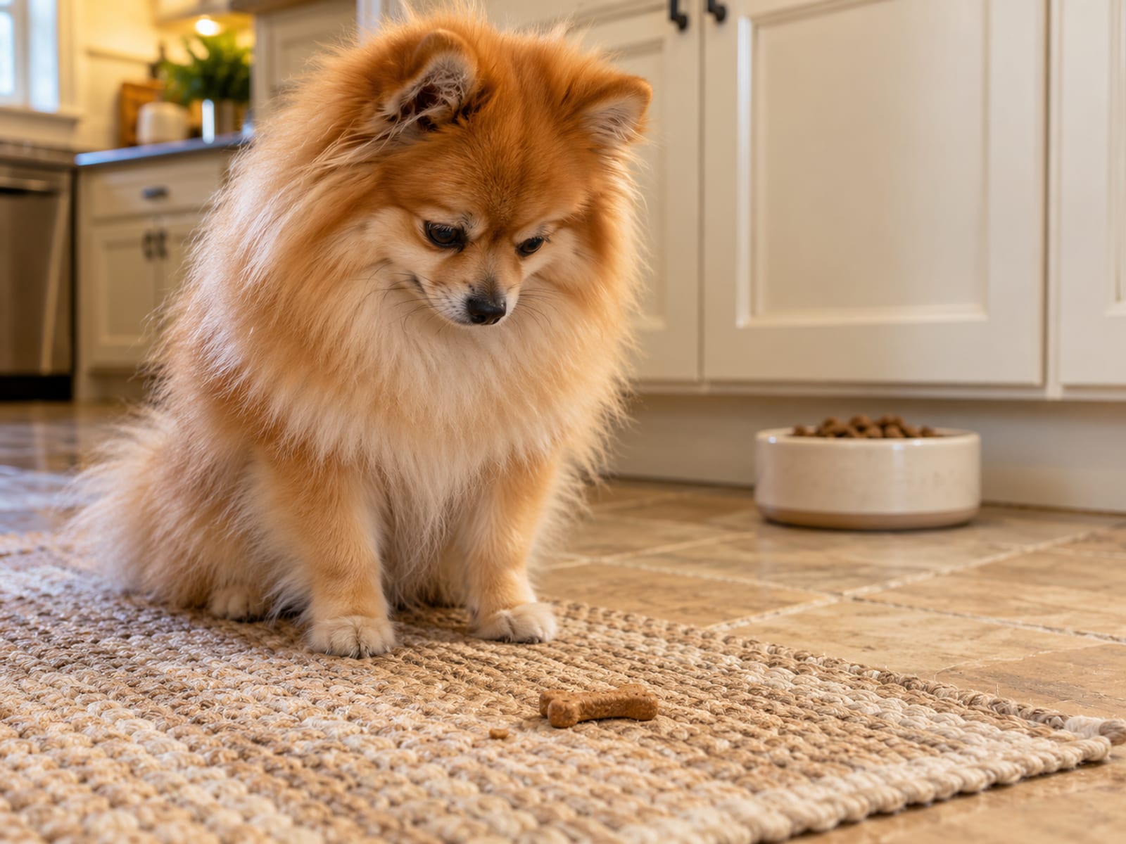 Orange Pomeranian sitting on a kitchen rug with a small plain dog treat in front of it and a full bowl behind