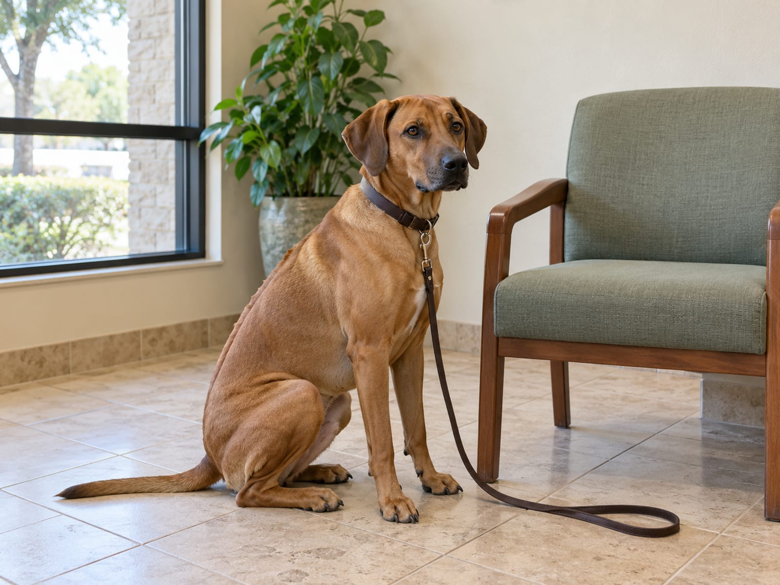 Wheaten Rhodesian ridgeback sitting calmly on a tiled floor beside an empty waiting room chair
