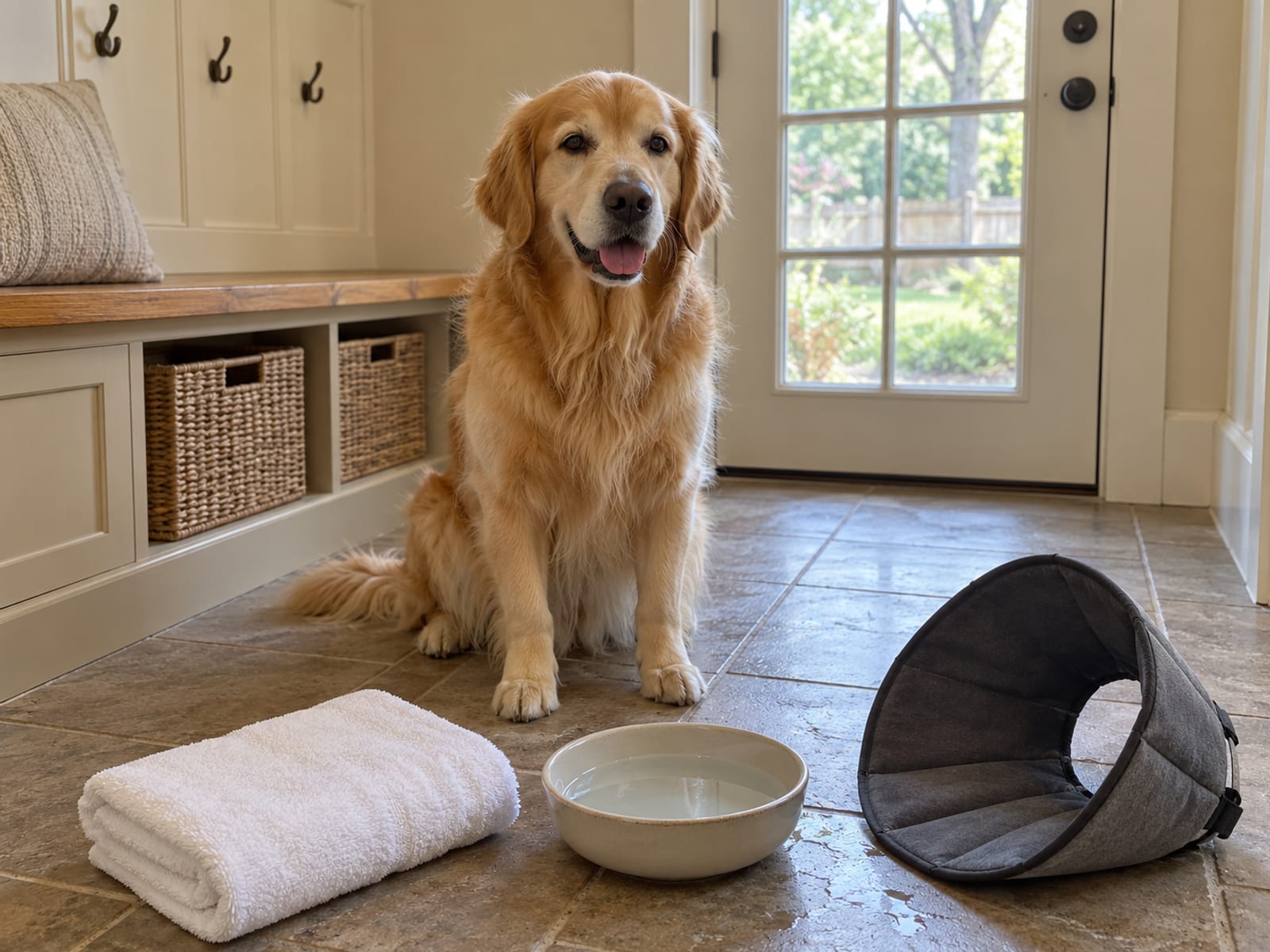 Golden retriever sitting calmly on mudroom tile near a folded towel and a shallow bowl of water, with a soft recovery collar on the floor