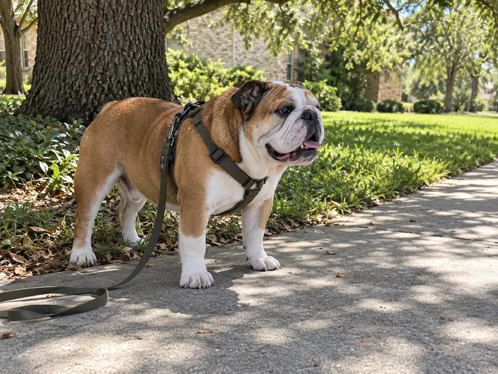 English bulldog standing in the shade of a live oak at the edge of a sunlit sidewalk with its leash trailing slack from its harness on the concrete