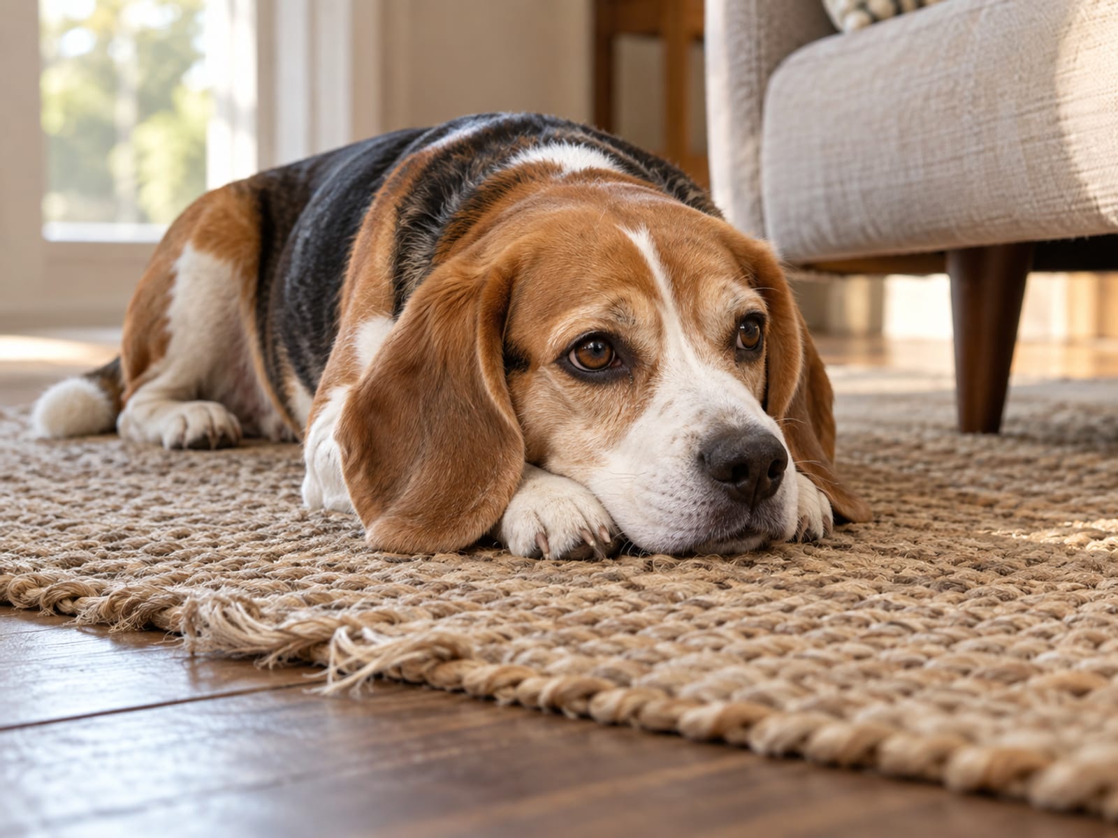 Beagle lying on a living room rug with its chin on its front paws and calm eyes looking off-frame