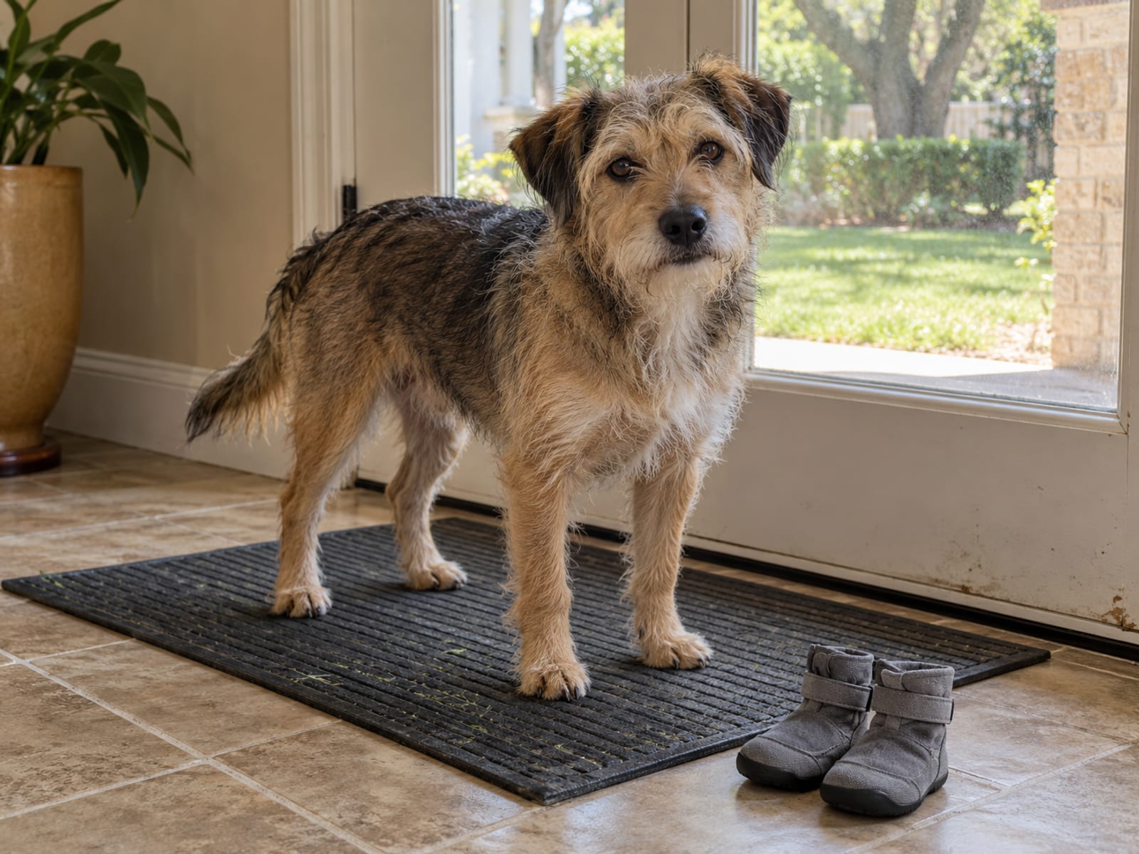Shaggy mixed-breed terrier standing on a rubber mat by a back door with a pair of small plain grey dog booties on the floor beside it