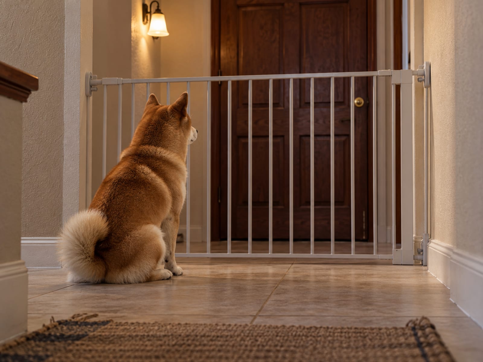 Red Shiba Inu sitting calmly on a tile hallway floor behind a tall baby gate in front of a closed wooden front door