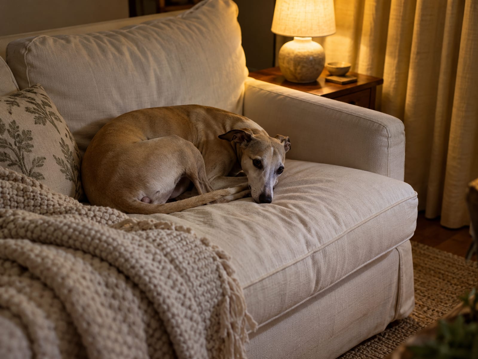Fawn whippet curled up on a sofa cushion beside closed curtains with one lamp on in a dim living room