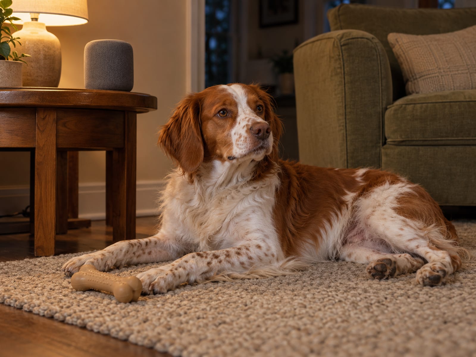 Orange and white Brittany spaniel lying relaxed on a rug beside a chew toy near a small plain speaker on a wooden side table