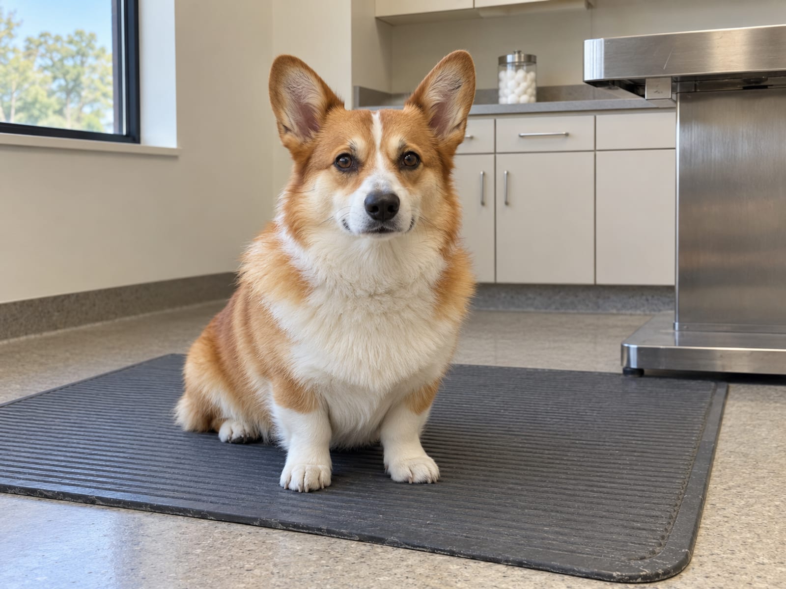 Red and white Pembroke Welsh corgi sitting calmly on a rubber mat in a tidy veterinary exam room beside a sunlit window