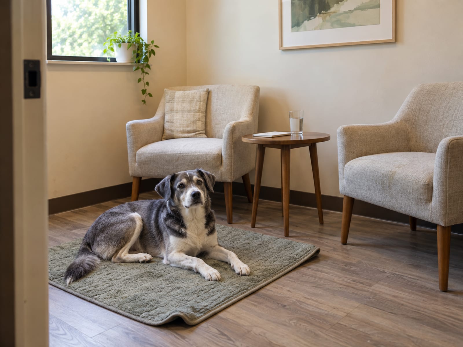 Quiet veterinary consultation room with two chairs and a small table, a dog lying on a mat on the floor