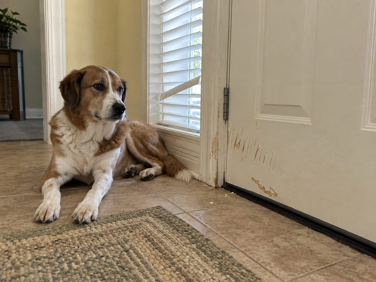 Scratch marks at the bottom of a front door frame and a bent slat in the window blind beside it, a dog lying on the floor nearby