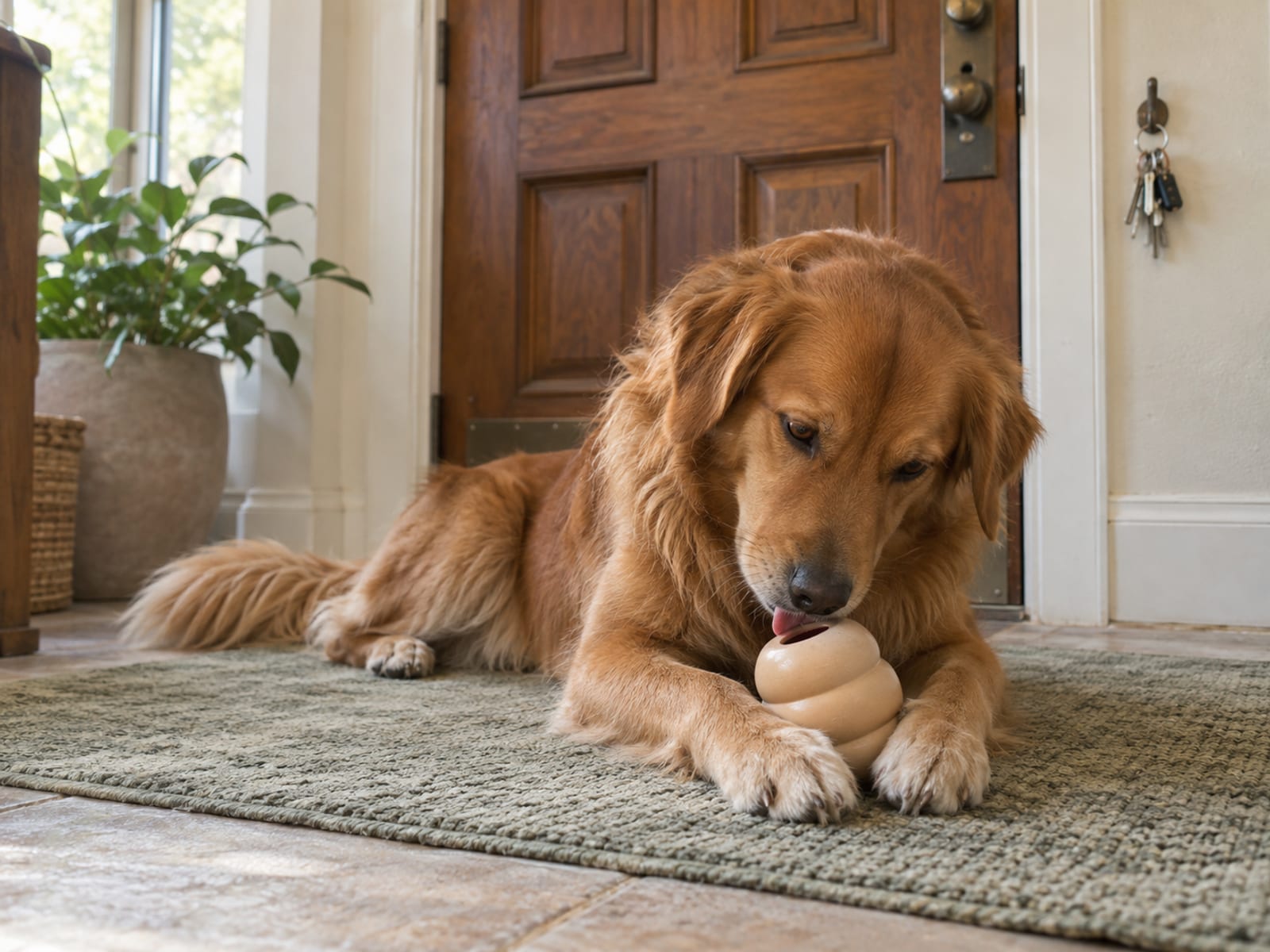 Dog lying calmly on a mat licking a plain rubber food puzzle toy, the front door closed and keys hanging on a wall hook