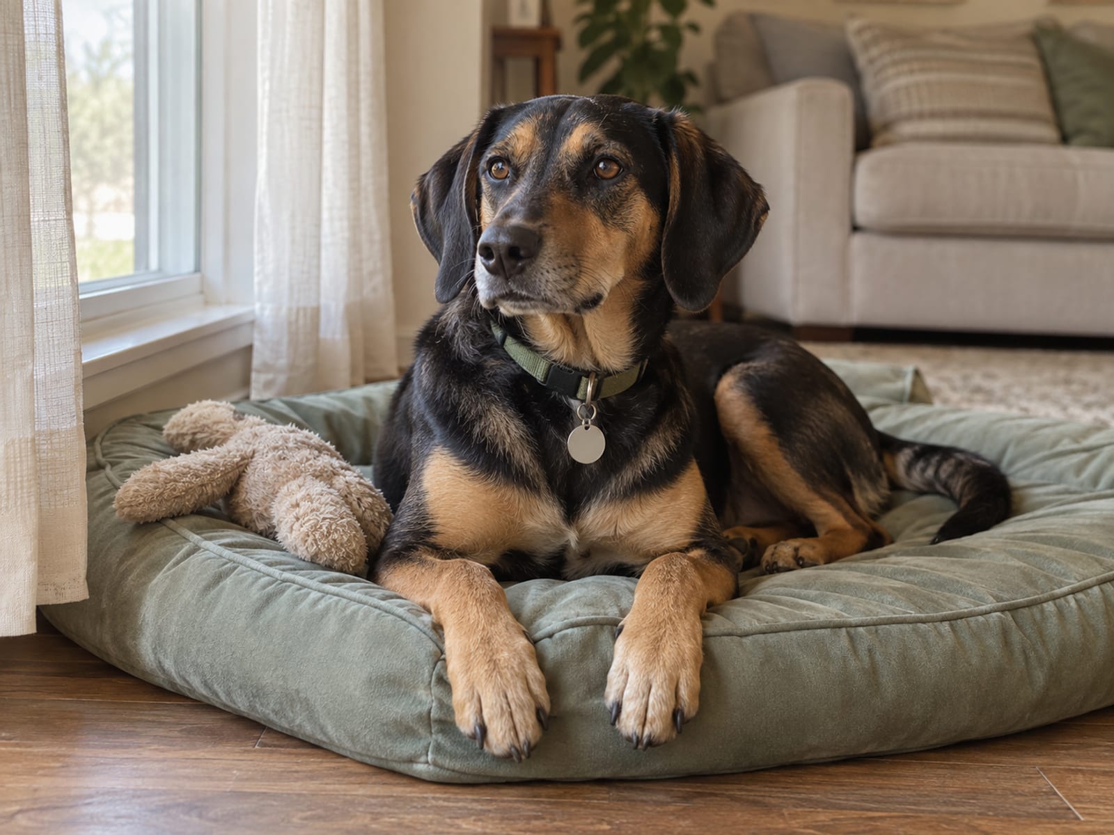 Rescue dog lying on a new dog bed beside a living room window, a plain shiny tag on its collar