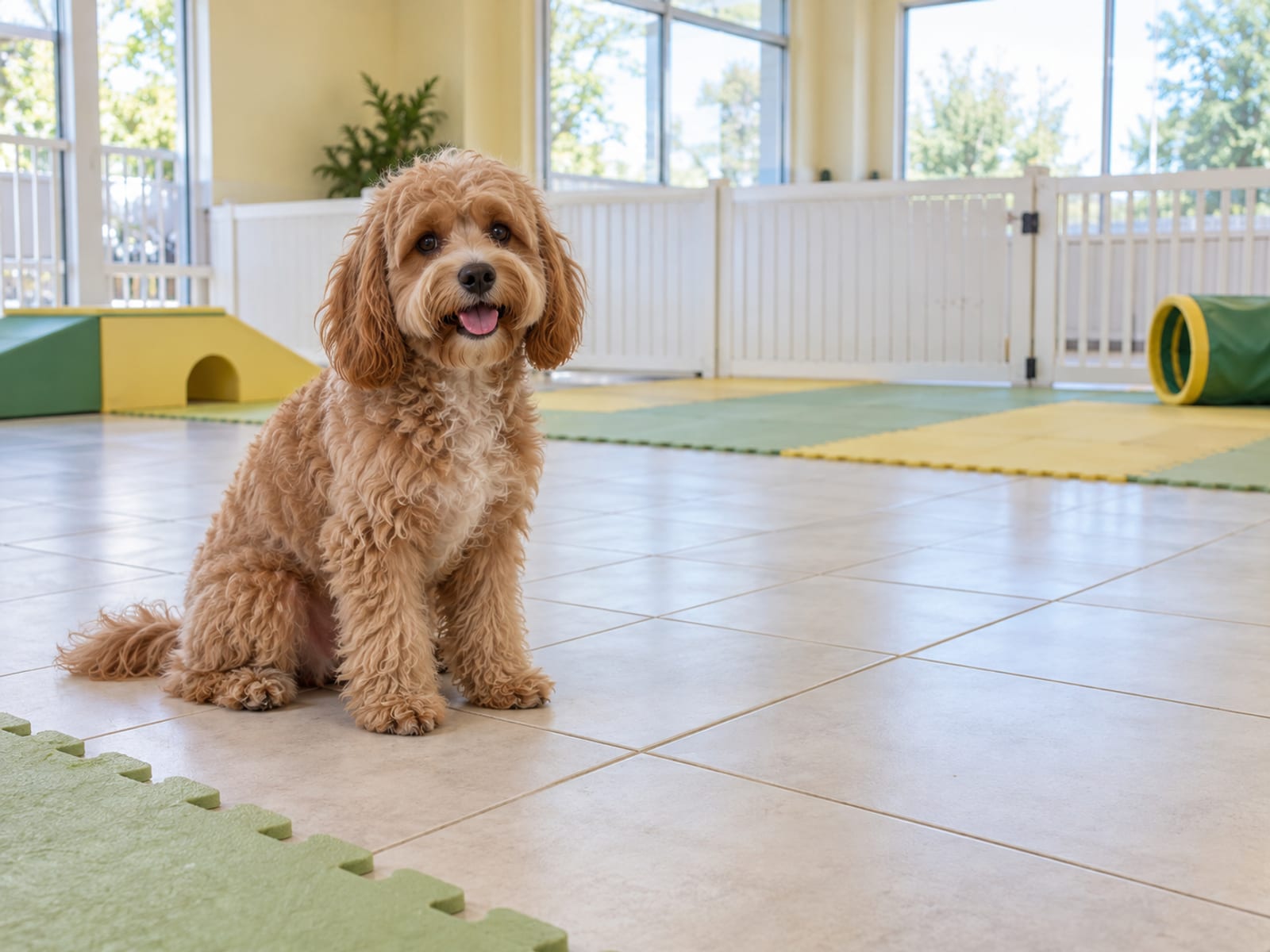 Cavapoo sentado en un piso de loseta limpio en el área de juegos luminosa de una guardería, con una reja baja y tapetes suaves