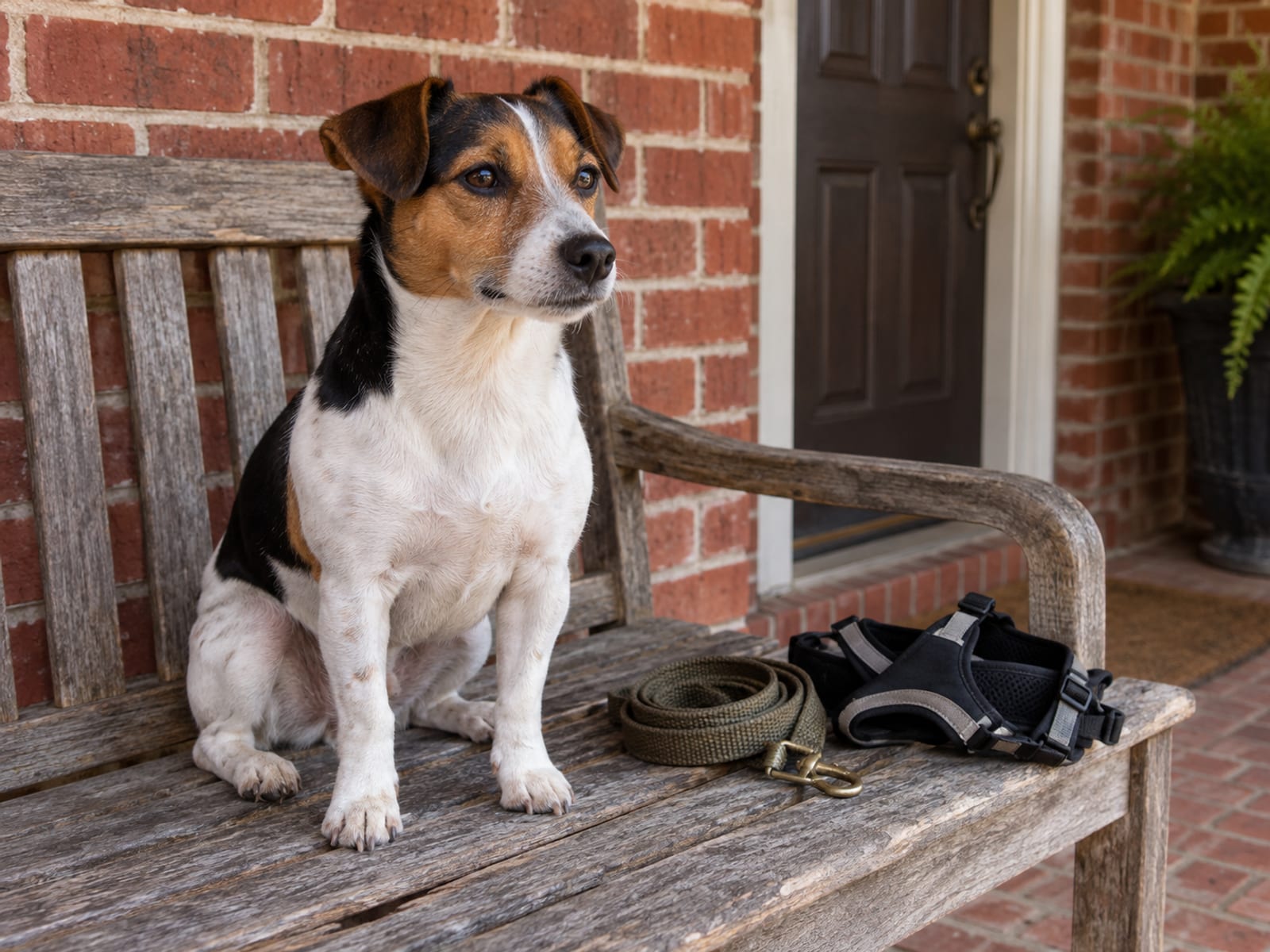 Jack Russell terrier tricolor sentado en una banca de madera junto a una correa enrollada y un arnés en un porche de ladrillo sombreado