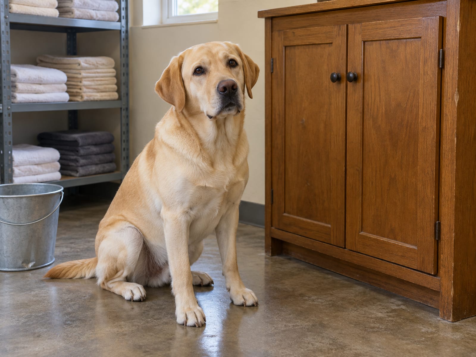 Labrador retriever amarillo sentado junto a un gabinete de suministros cerrado en un cuarto trasero ordenado, con toallas apiladas y una cubeta