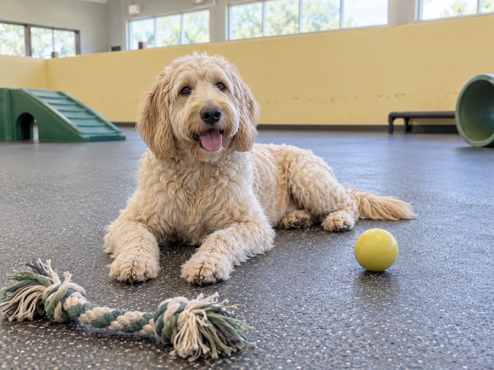 Cream goldendoodle resting on a rubber floor in a clean indoor daycare play area with a low pastel wall and a few plain toys