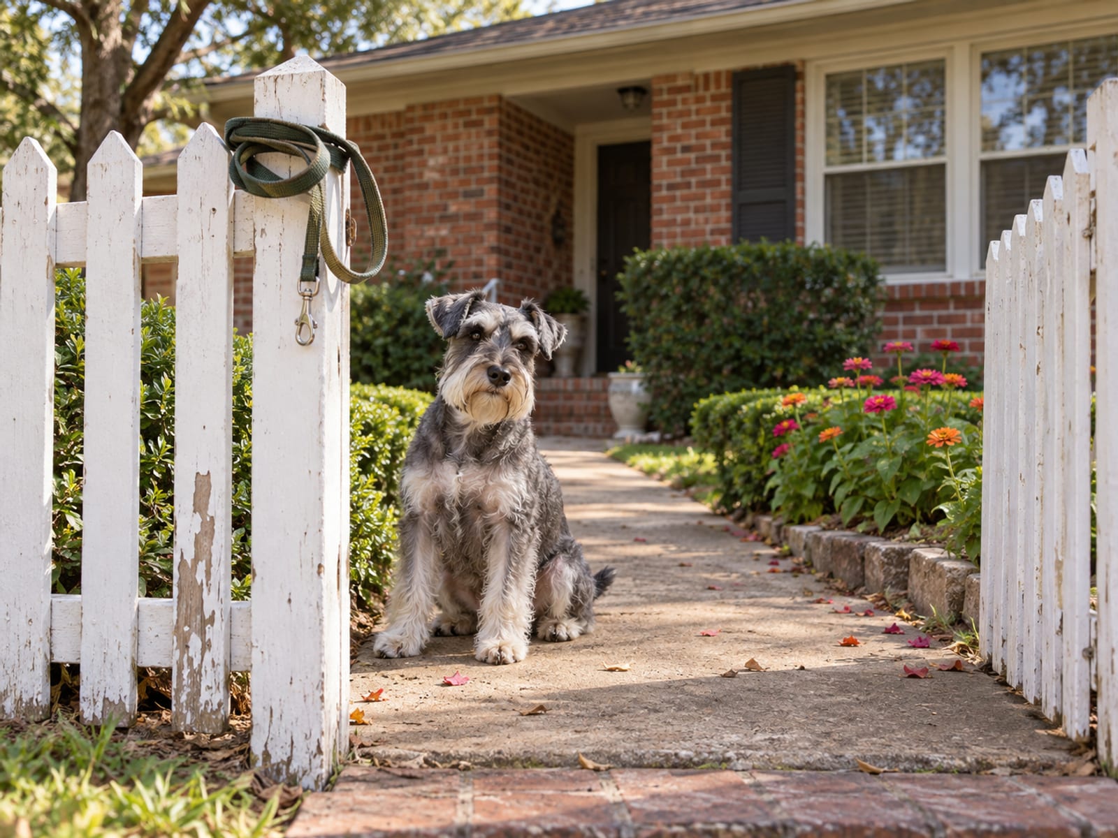 Grey miniature schnauzer waiting at the front gate of a brick ranch house with a leash coiled on a fence post and trimmed hedges