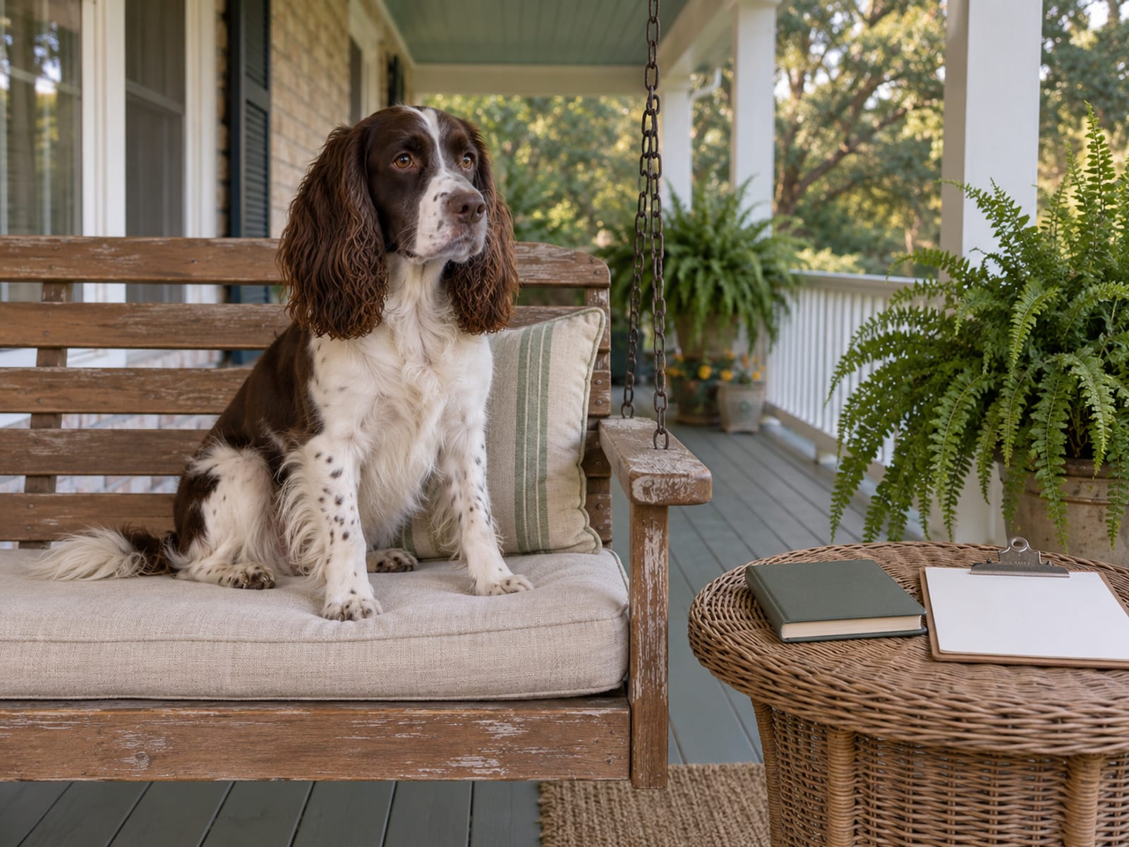 Brown and white English springer spaniel sitting on a porch swing cushion beside a closed notebook and a blank clipboard on a wicker table