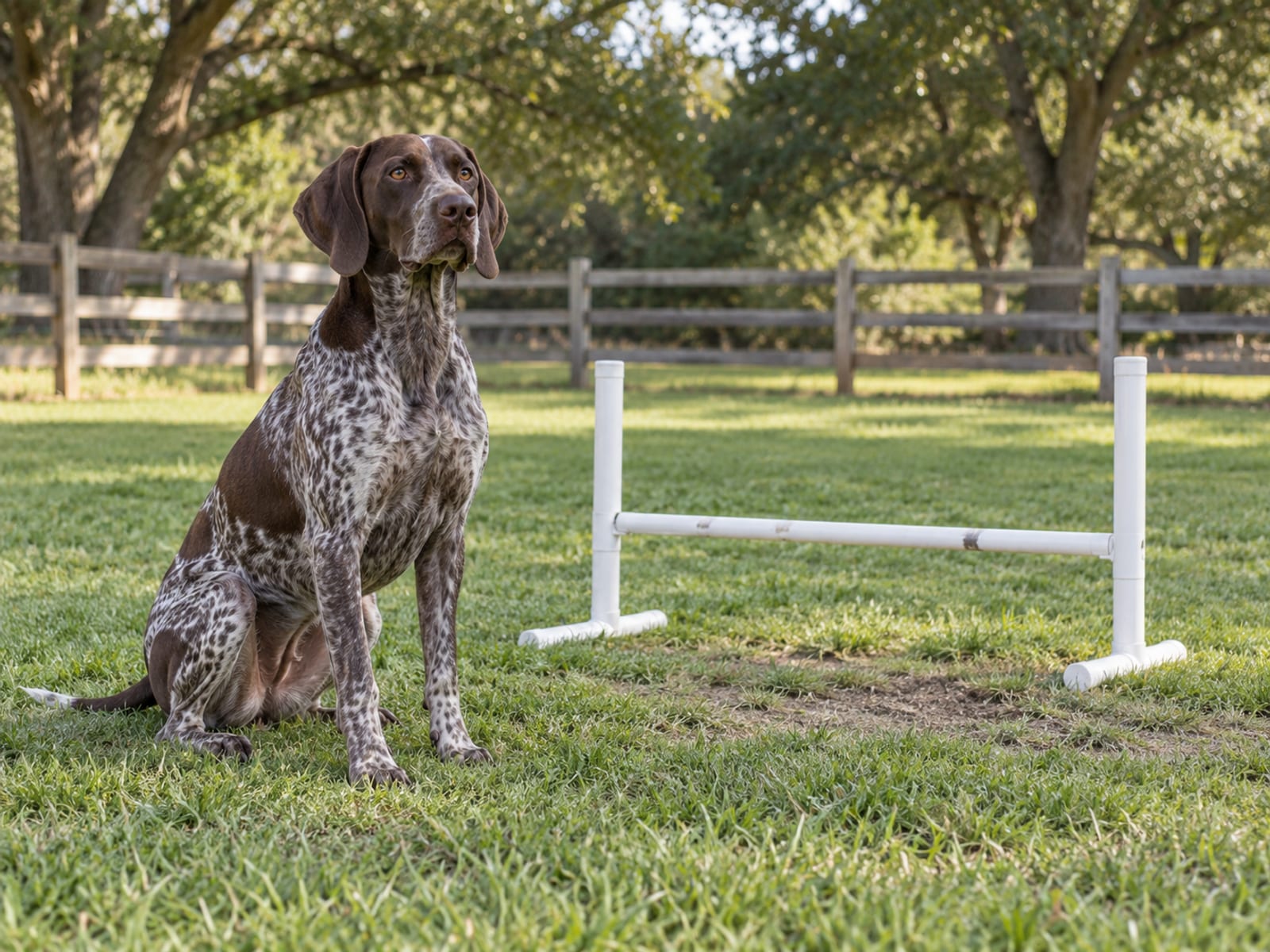 Liver and white German shorthaired pointer in a calm sit on a fenced training lawn beside a low agility hurdle with tall oaks behind