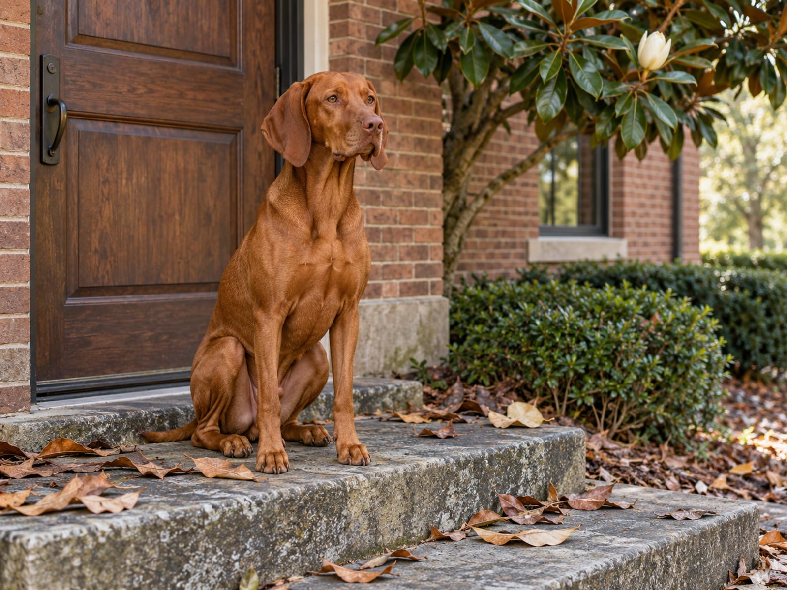 Vizsla sitting on a stone step beside the closed wooden door of a small brick office building with no signs and fallen magnolia leaves nearby