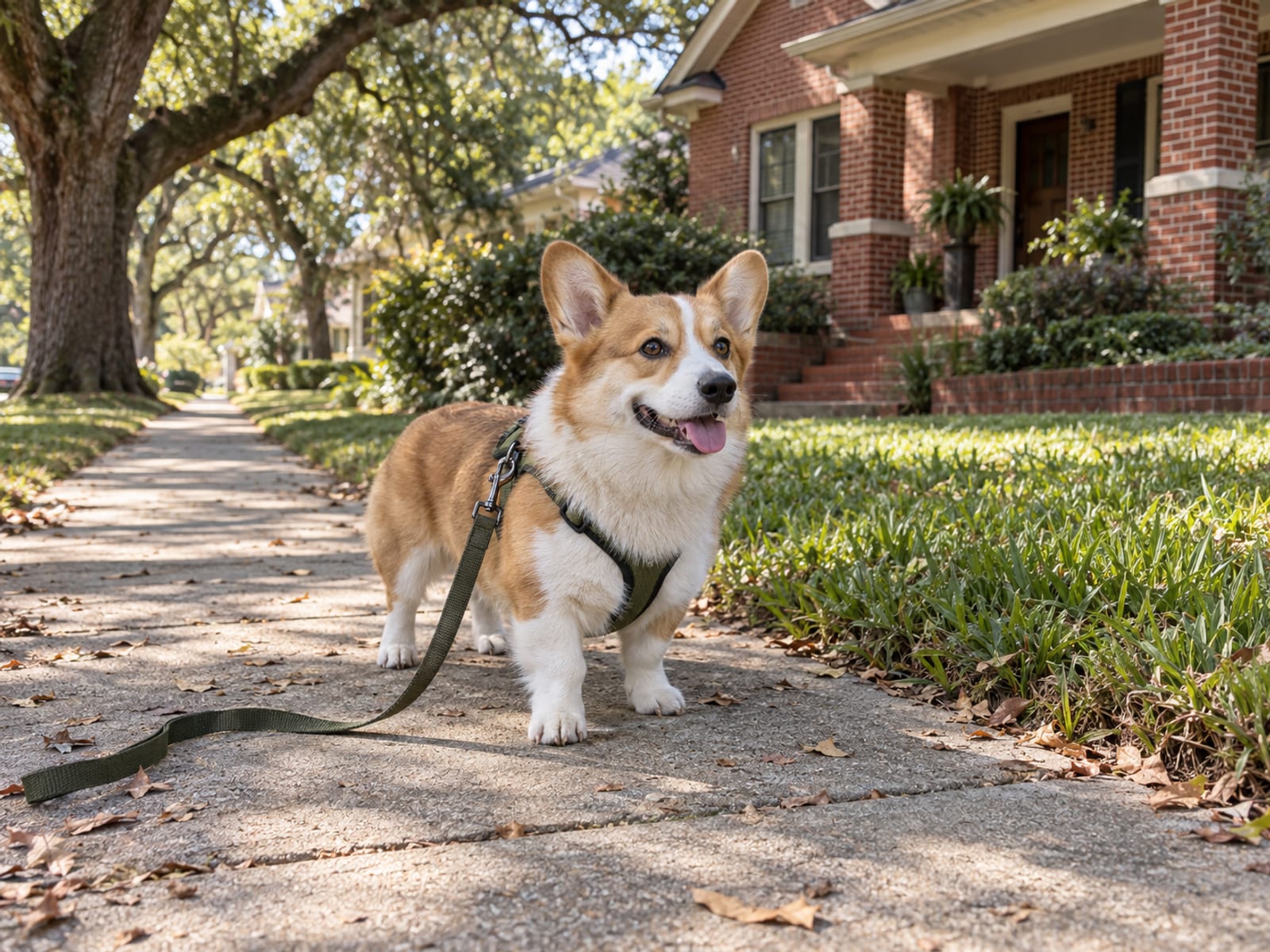 Pembroke Welsh corgi standing on a tree-lined neighborhood sidewalk in front of a red-brick bungalow with a leash trailing slack on the pavement