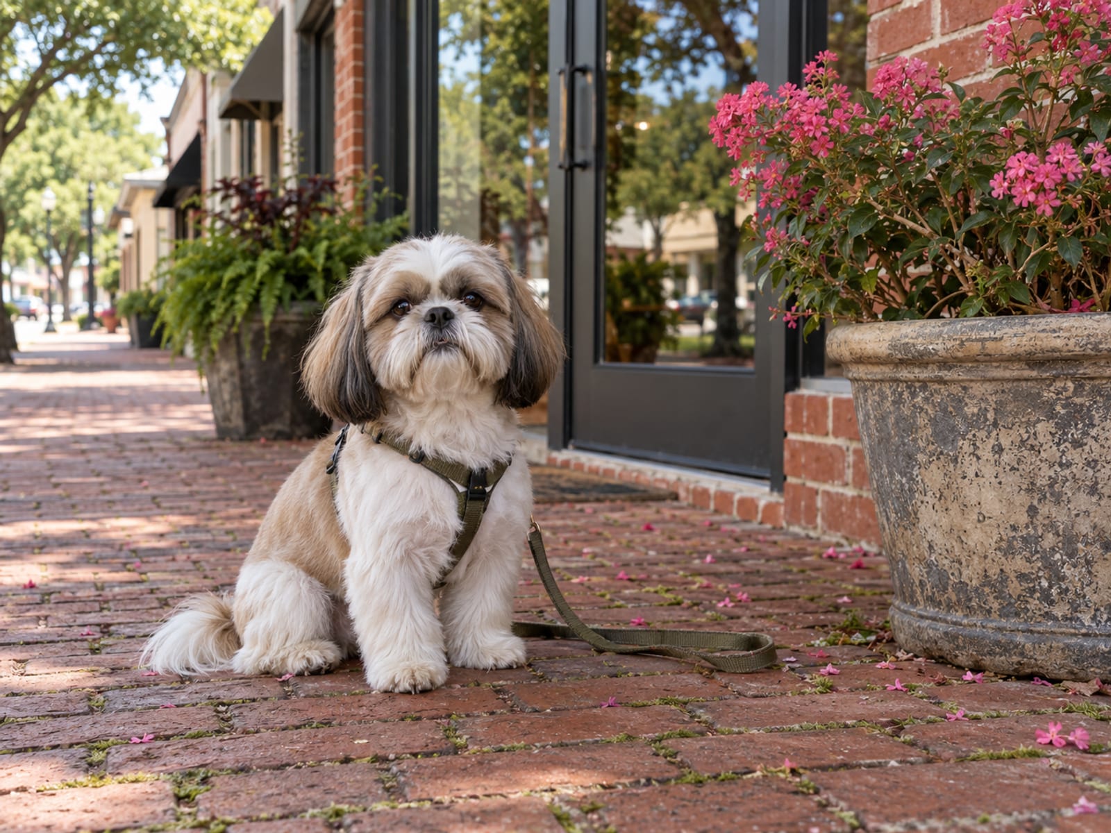 Shih Tzu with a neat trim sitting on a brick sidewalk beside a planter of crepe myrtles on a quiet small-town main street with a plain glass shop door behind