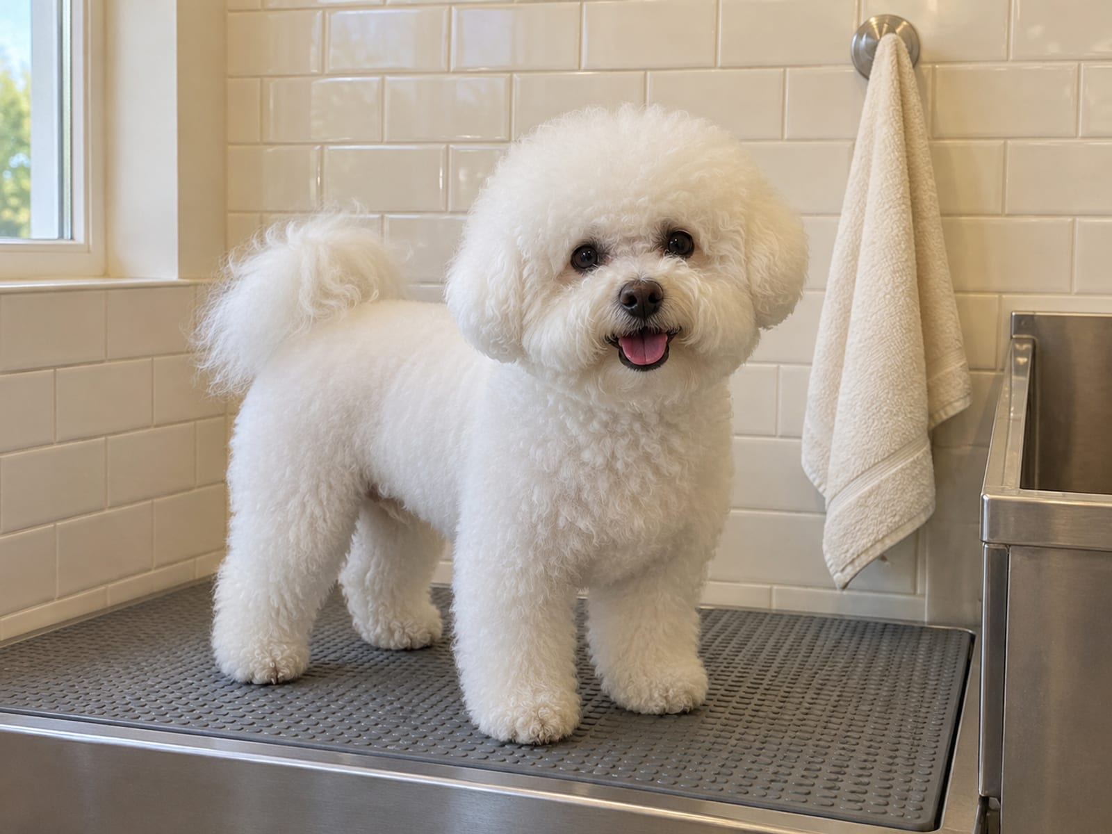 Clean fluffy Bichon Frise standing on a non slip mat in a bright grooming bath area with a tiled wall and a towel on a hook