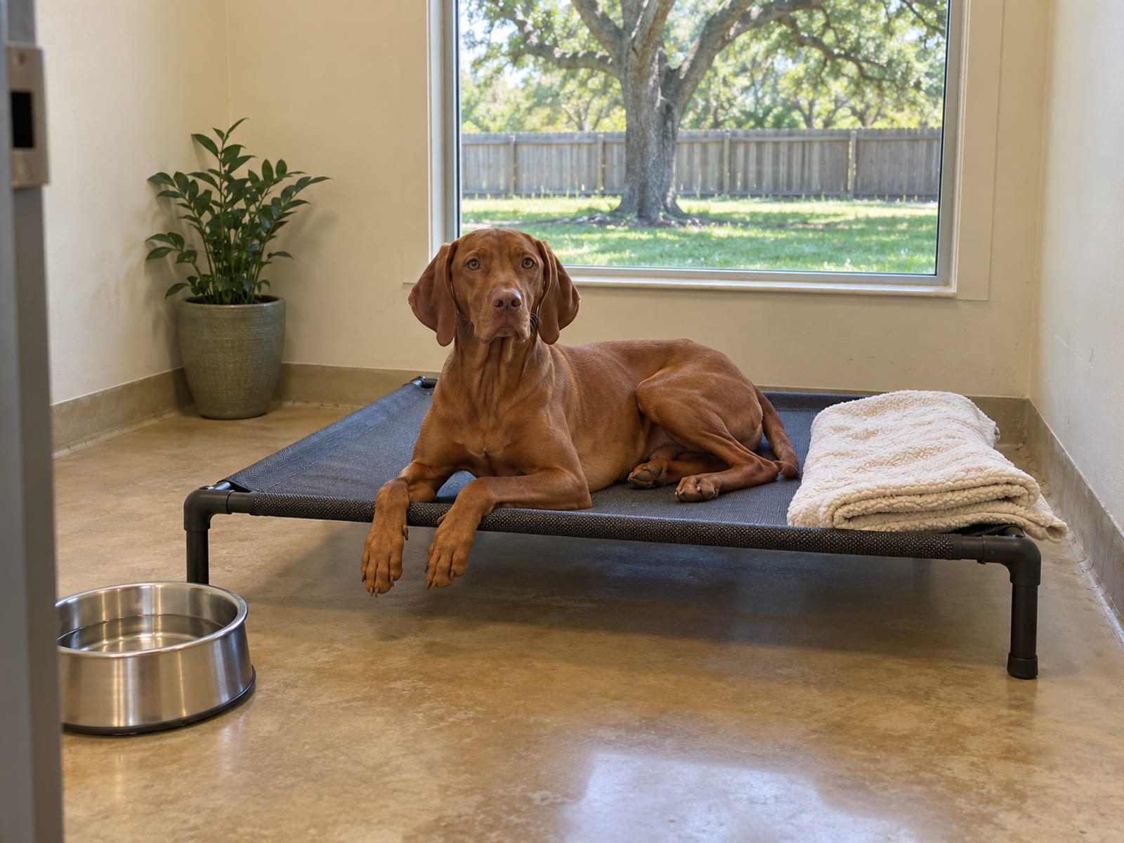 Vizsla lying on a raised cot inside a clean private boarding suite with a window onto a fenced yard and a full water bowl