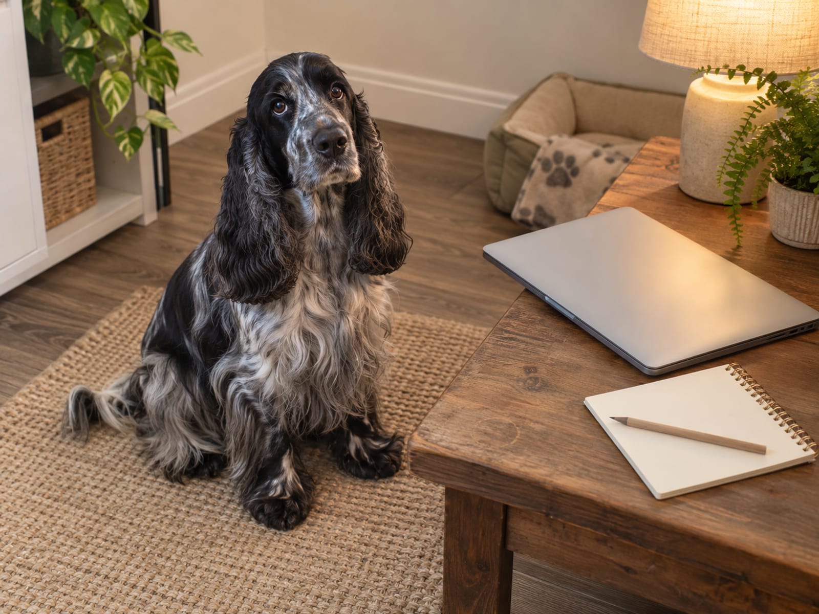 English cocker spaniel sitting on a rug in a small tidy office corner beside a closed laptop and a blank notepad on a low table