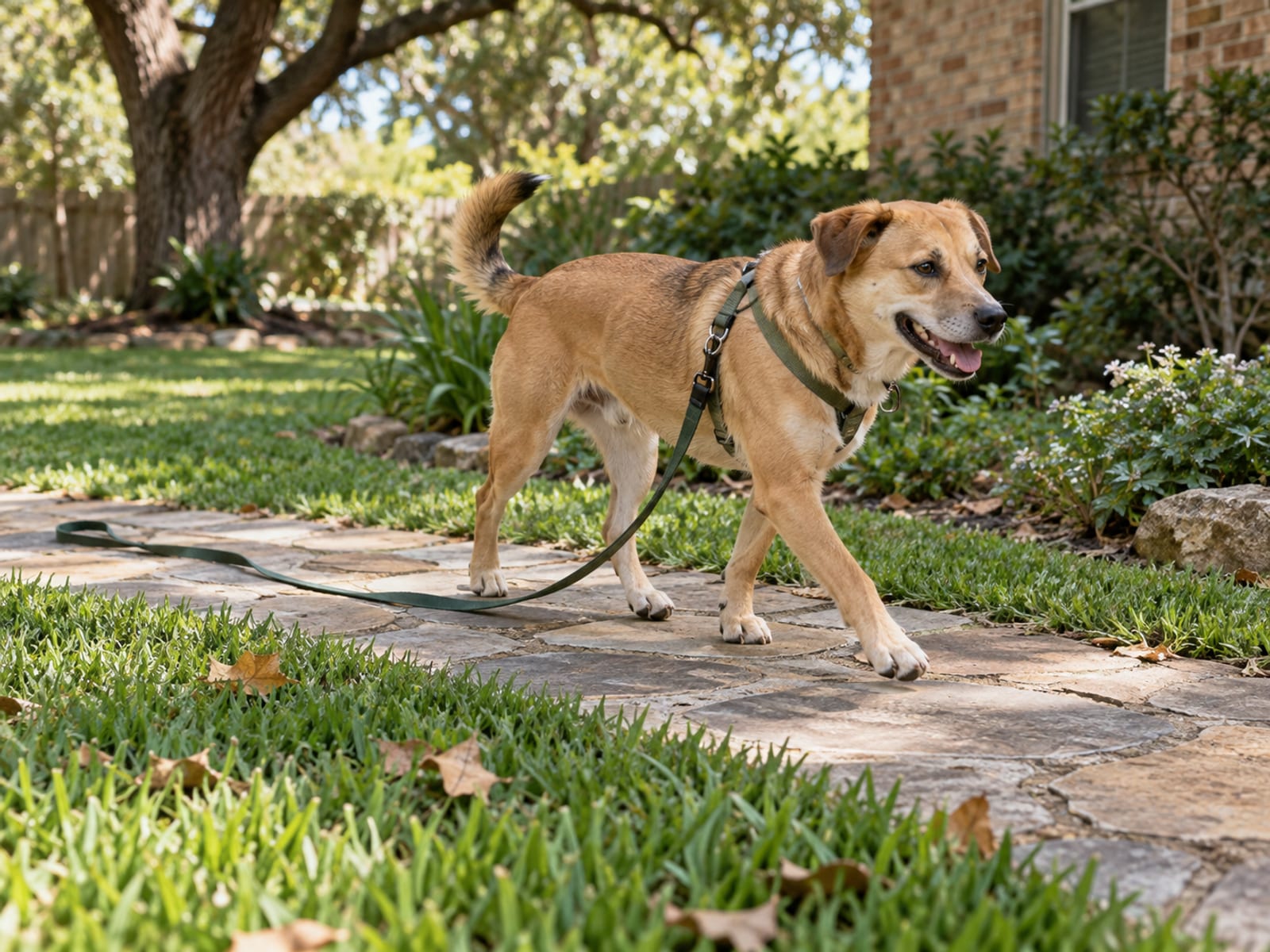Mixed-breed dog walking beside a garden path with a loose leash trailing on the ground