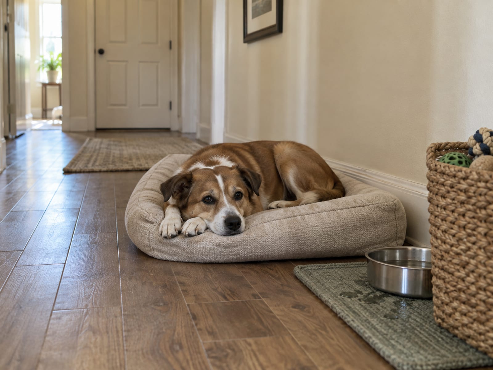 Medium mixed-breed dog lying calmly on a dog bed in a hallway beside a water bowl and toy basket
