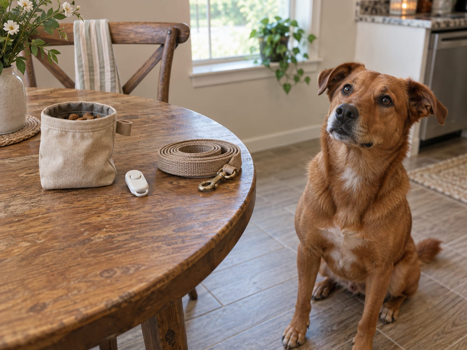 Treat pouch, clicker and coiled leash on a small kitchen table with a dog sitting on the floor nearby