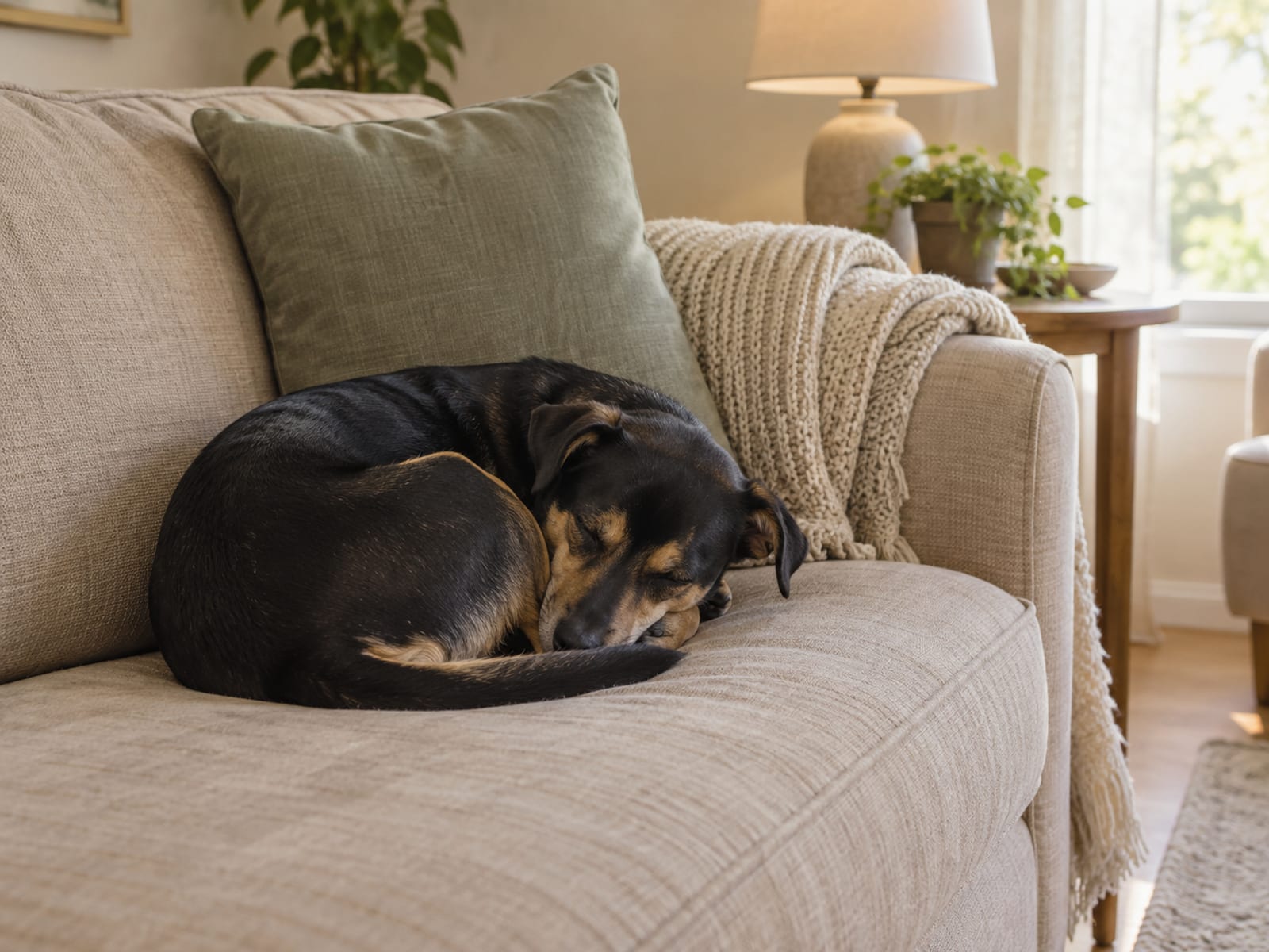 Dog curled up asleep on a couch cushion in afternoon light