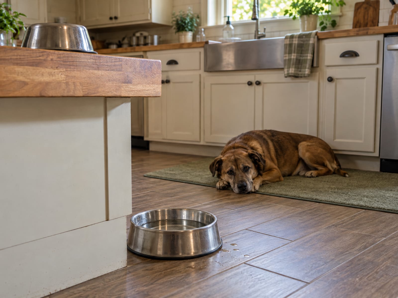 Empty dog food bowl turned upside down on a kitchen counter, a half-filled water bowl on the floor and a dog lying on a mat
